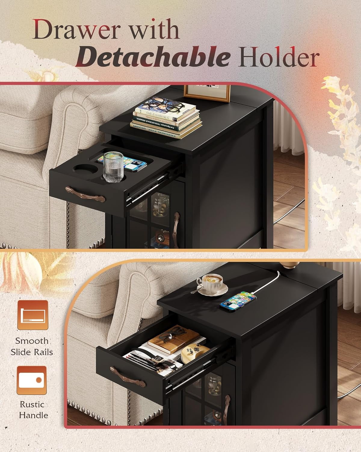 GALAXHERO End Table with Charging Station Narrow Side Table for Living Room with Storage, Small Wooden Cabinet Nightstand with USB Ports and Outlets