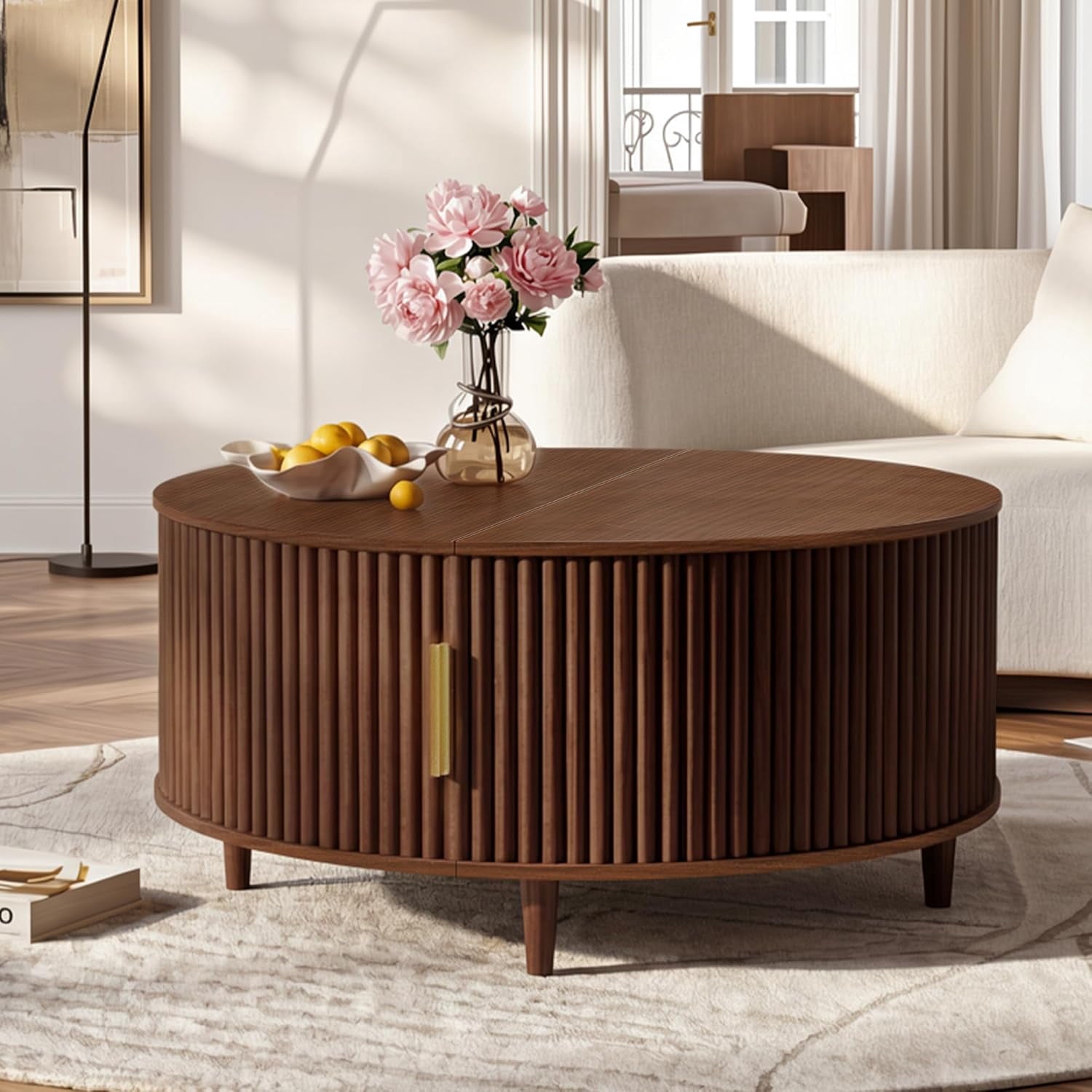 GALAXHERO Coffee Table, 31.5" Round Coffee Tables with Storage and Sliding Cabinet Door, Mid Century Modern Fluted Center Table for Living Room, Small Space