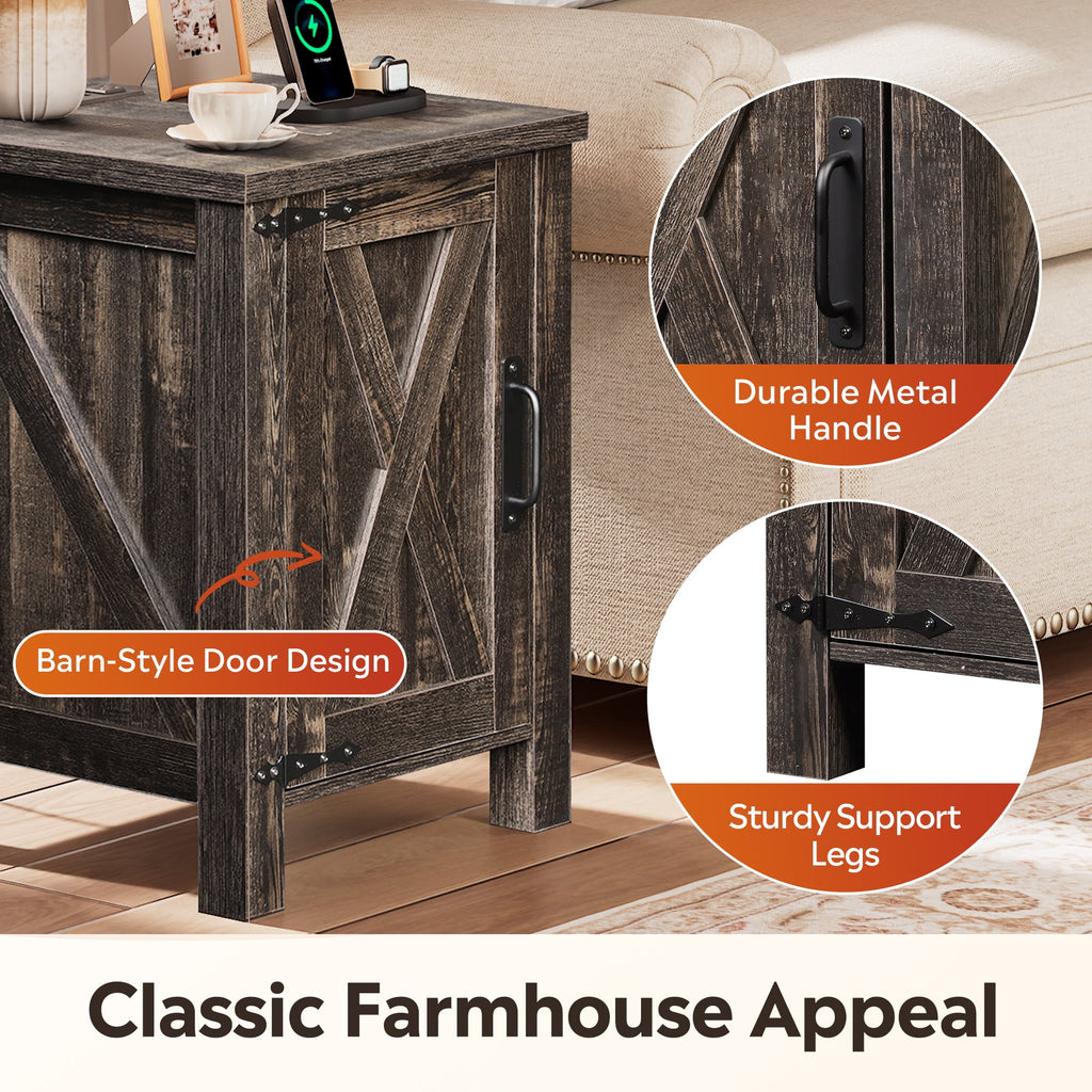 GALAXHERO Nightstand with Charging Station, Farmhouse Narrow Side Table with Barn Door, Wooden Bedside Table for Bedroom, End Tables for Living Room