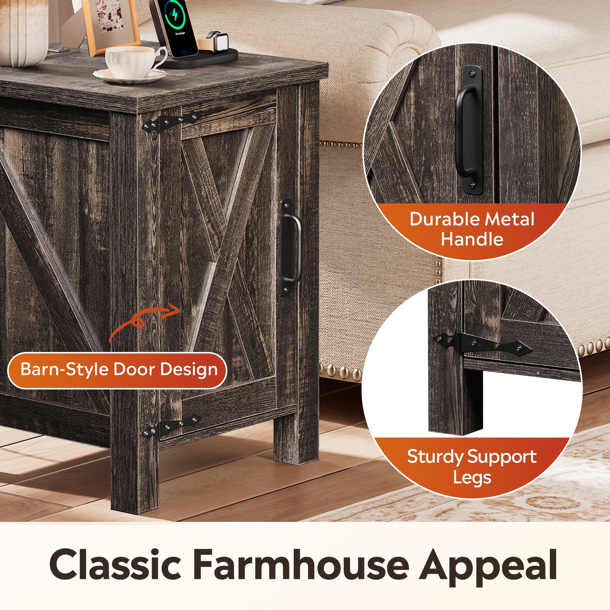 GALAXHERO Nightstand with Charging Station, Farmhouse Narrow Side Table with Barn Door, Wooden Bedside Table for Bedroom, End Tables for Living Room