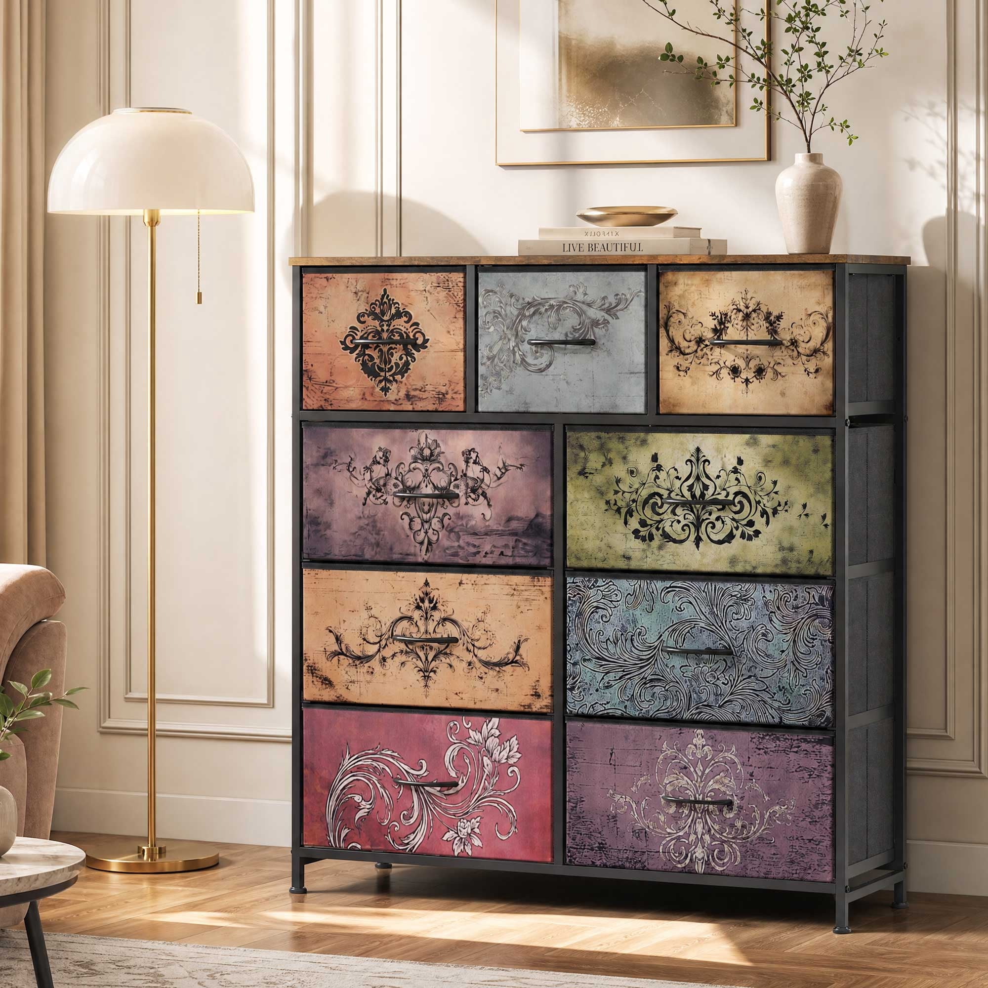 GALAXHERO 9-Drawer Fabric Dresser, Tall Storage Tower for Bedroom, Hallway, Entryway, Closet, Chest Organizer Unit with Fabric Bins, Steel Frame, Wood Top, Wood Grain Print