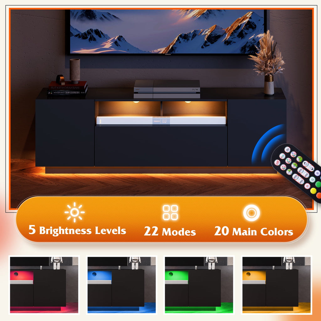 GALAXHERO TV Stand for 50-65 Inch TVs, 65" Entertainment Center with LED Lights, Modern TV Console with Storage Cabinet for Living Room & Bedroom, White