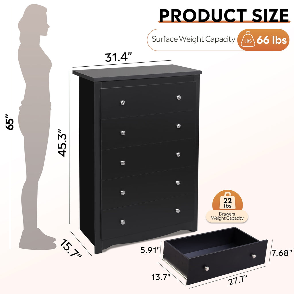 GALAXHERO 5 Drawer Dresser for Bedroom, Retro Wood Chest of Drawers, Tall Dresser with Round Metal Handle for Living Room, Hallway, Closet
