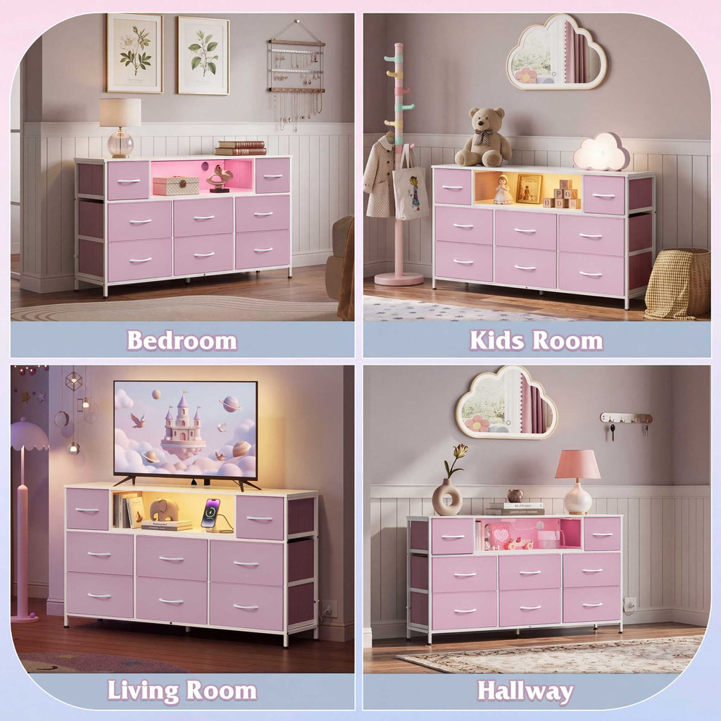 GALAXHERO 8-Drawer Dressers for Bedroom, Dresser TV Stand for 55'' TV with LED Lights and Power Outlets, Fabric Chest of Drawers for Living Room, Entryway