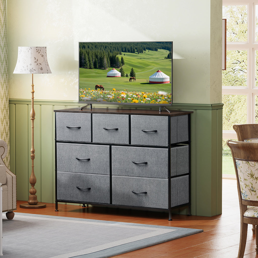 GALAXHERO 7 Drawer Dresser, TV Stands for 45" TV, Chest of Drawers with Fabric Bin for Bedroom, Living Room, Entryway