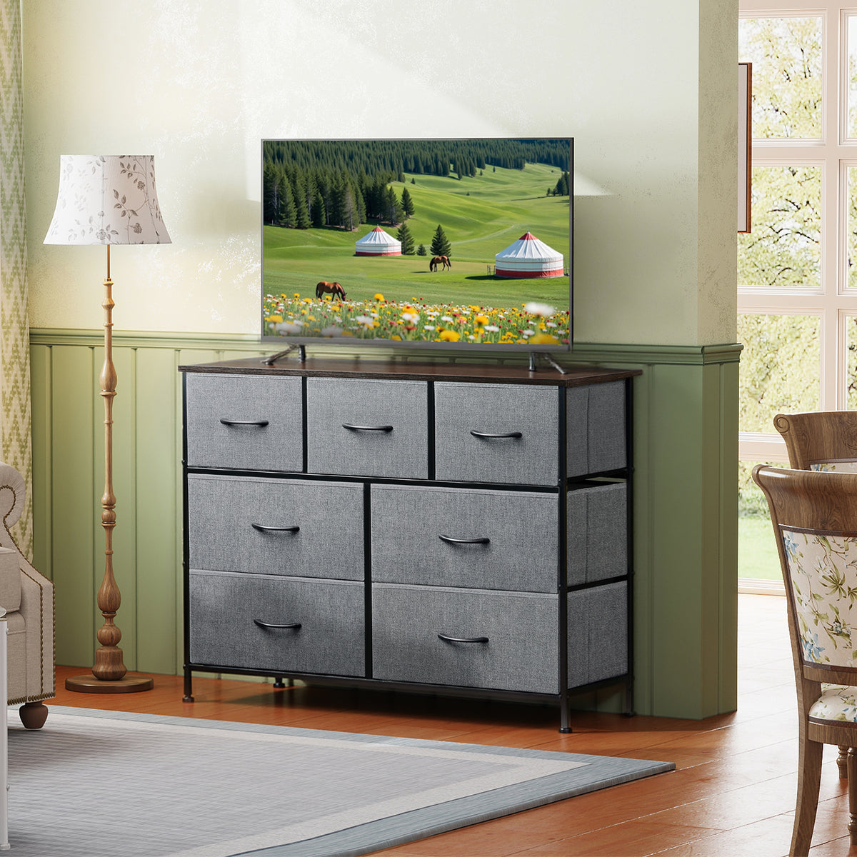 GALAXHERO 7 Drawer Dresser, TV Stands for 45" TV, Chest of Drawers with Fabric Bin for Bedroom, Living Room, Entryway