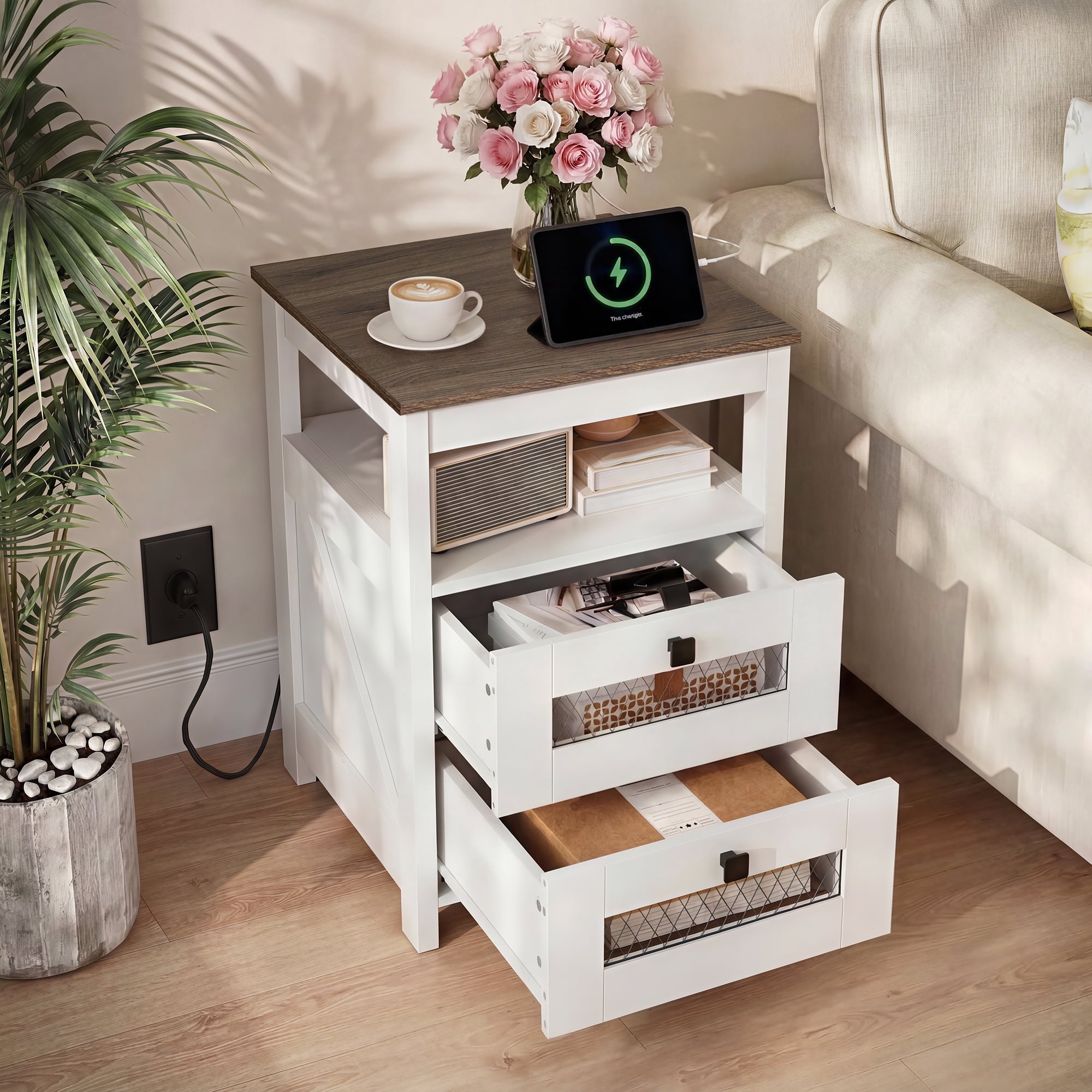 GALAXHERO Nightstand with Charging Station, Farmhouse End Table, Bed Side Table with 2 Storage Drawers and Open Shelf, Wood Rustic Nightstands for Bedroom
