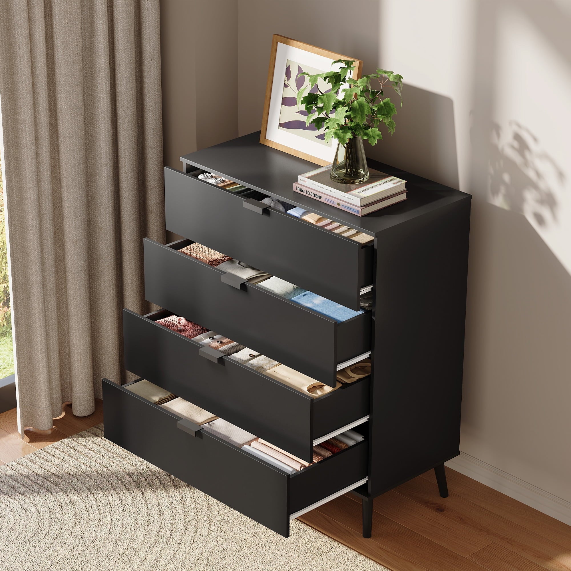 GALAXHERO 4 Drawer Dresser for Bedroom, Wood Chest of Drawers, Organizer Unit with Metal Handle for Living Room, Closet, Hallway