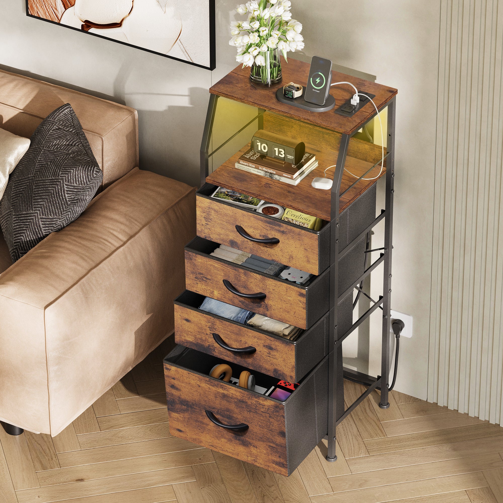 GALAXHERO 4 Drawer Dresser for Bedroom, Nightstand with Charging Station and LED, Tall Bedside Table with Storage Shelfs