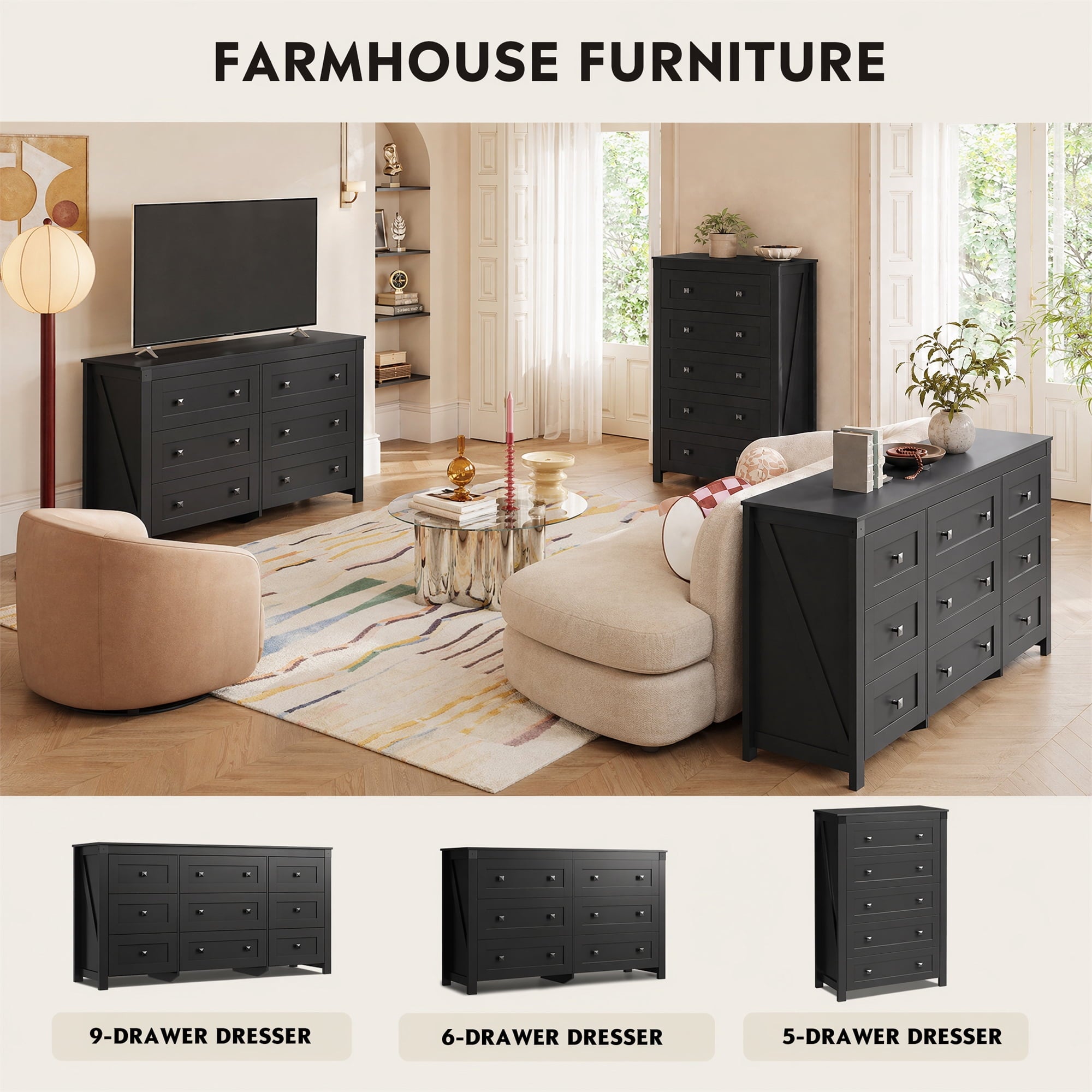 GALAXHERO Farmhouse 5 Drawer Dresser, Tall Dresser with Double Rustic Handles, Wood Chest of Drawers for Bedroom, Living Room, Hallway