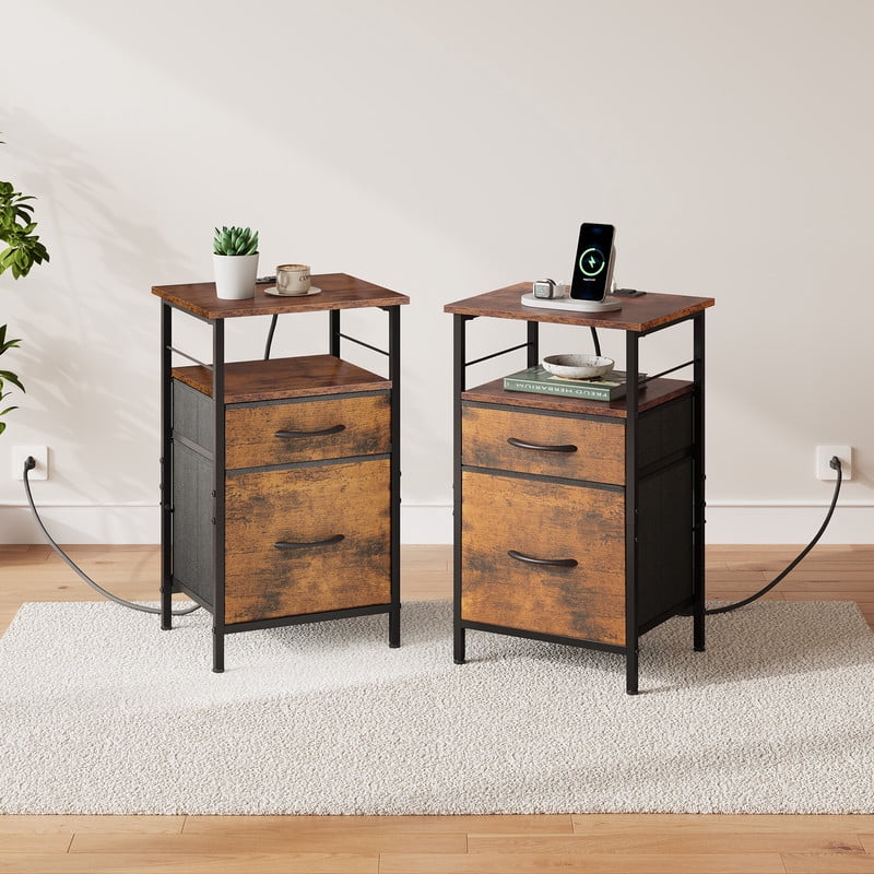 GALAXHERO Nightstands Set of 2, Bed Side Table with Charging Station, End Table with 2 Fabric Drawers for Bedroom, Closet, Dorm