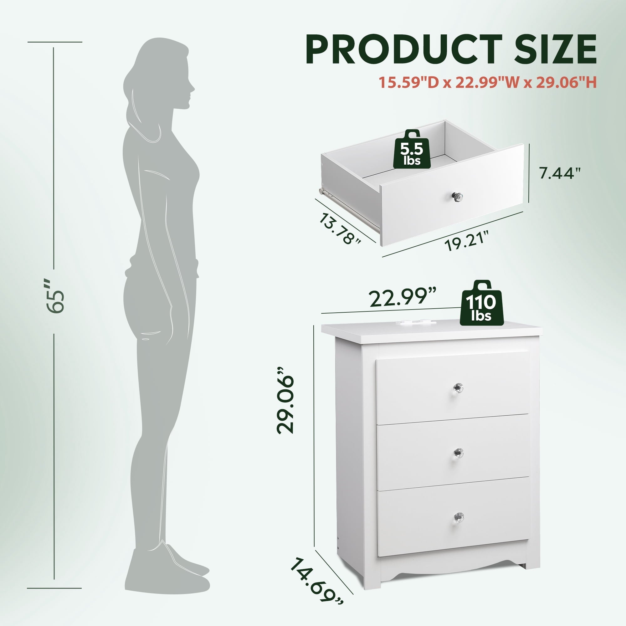 GALAXHERO Tall Nightstand with Charging Station, Nightstand with 3 Drawers, Wood Bedside Table for Bedroom, End Side Table for Living room and Dorm