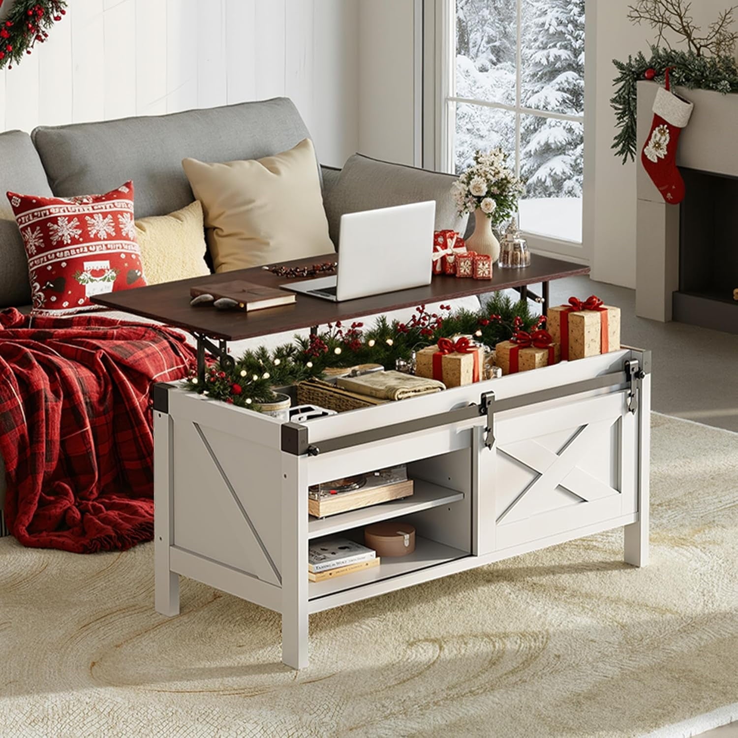 GALAXHERO 39.4" Farmhouse Large Coffee Table Lift Top Coffee Table with Hidden Storage Compartment Sliding Barn Doors Modern Wood Center Table for Living Room