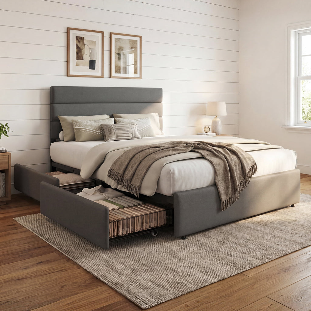 GALAXHERO Full Size Upholstered Bed Frame with 4 Storage Drawers and Headboard, Velvet Platform Bedframe, Sturdy Metal & Wooden Slats Support, No Box Spring Needed, Easy Assembly