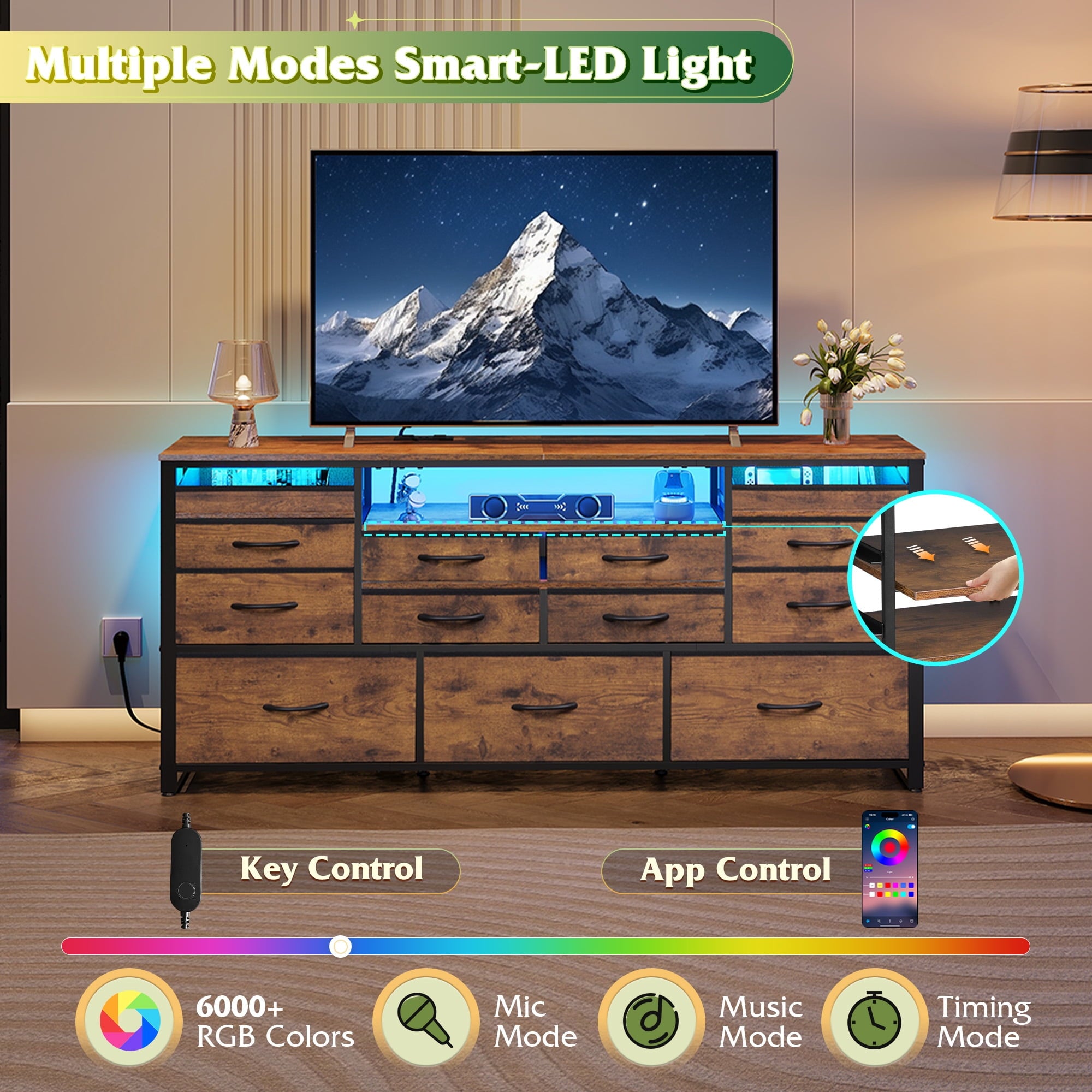 GALAXHERO 13 Drawers Dresser for Bedroom, TV Stand for 65'' TV with LED Lights, Entertainment Center with Charging Station, Fabric Chest of Drawers for Living Room, Entryway