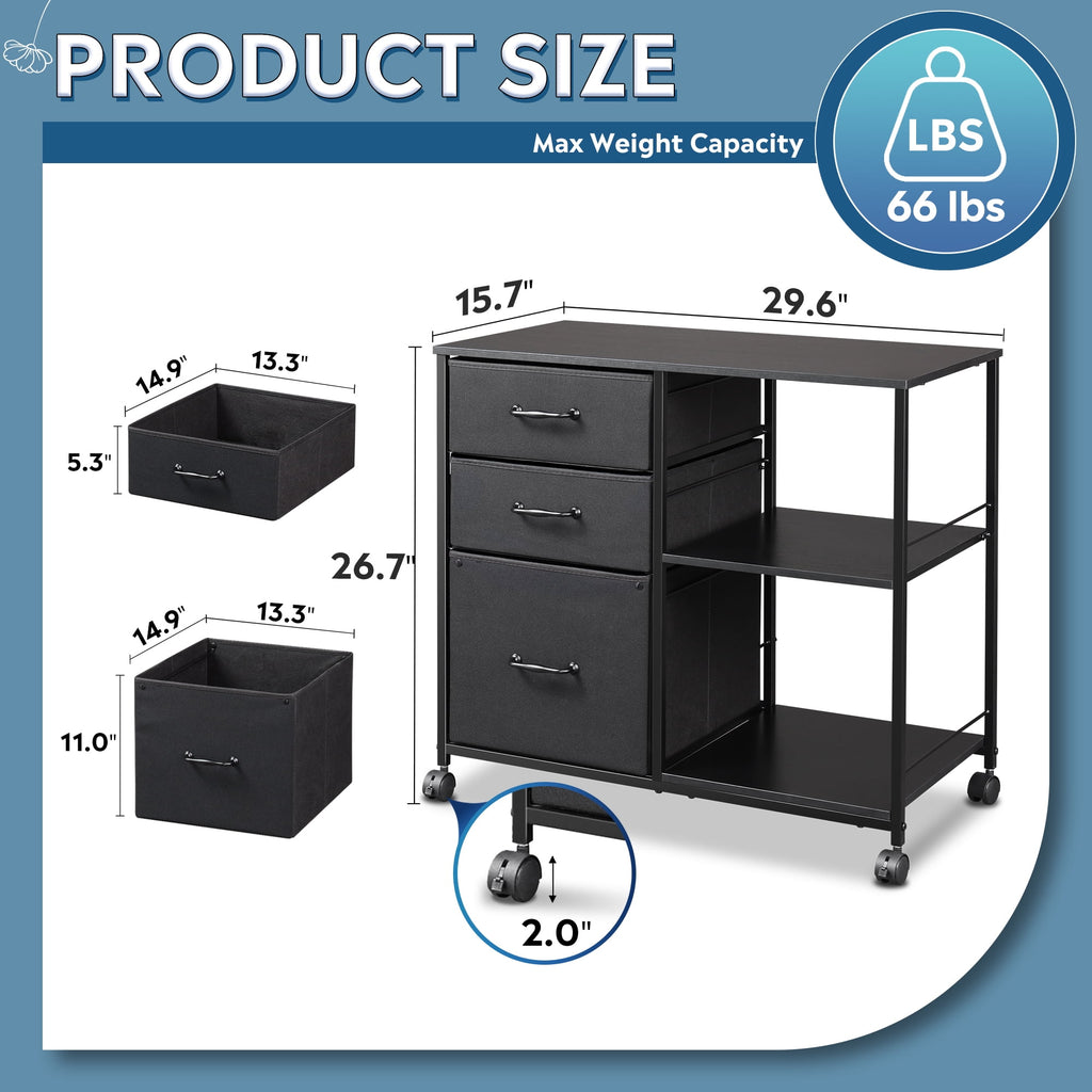 GALAXHERO 3-Drawer Mobile File Cabinet with Storage Shelf, Rolling Fabric Filing Cabinet and Printer Stand