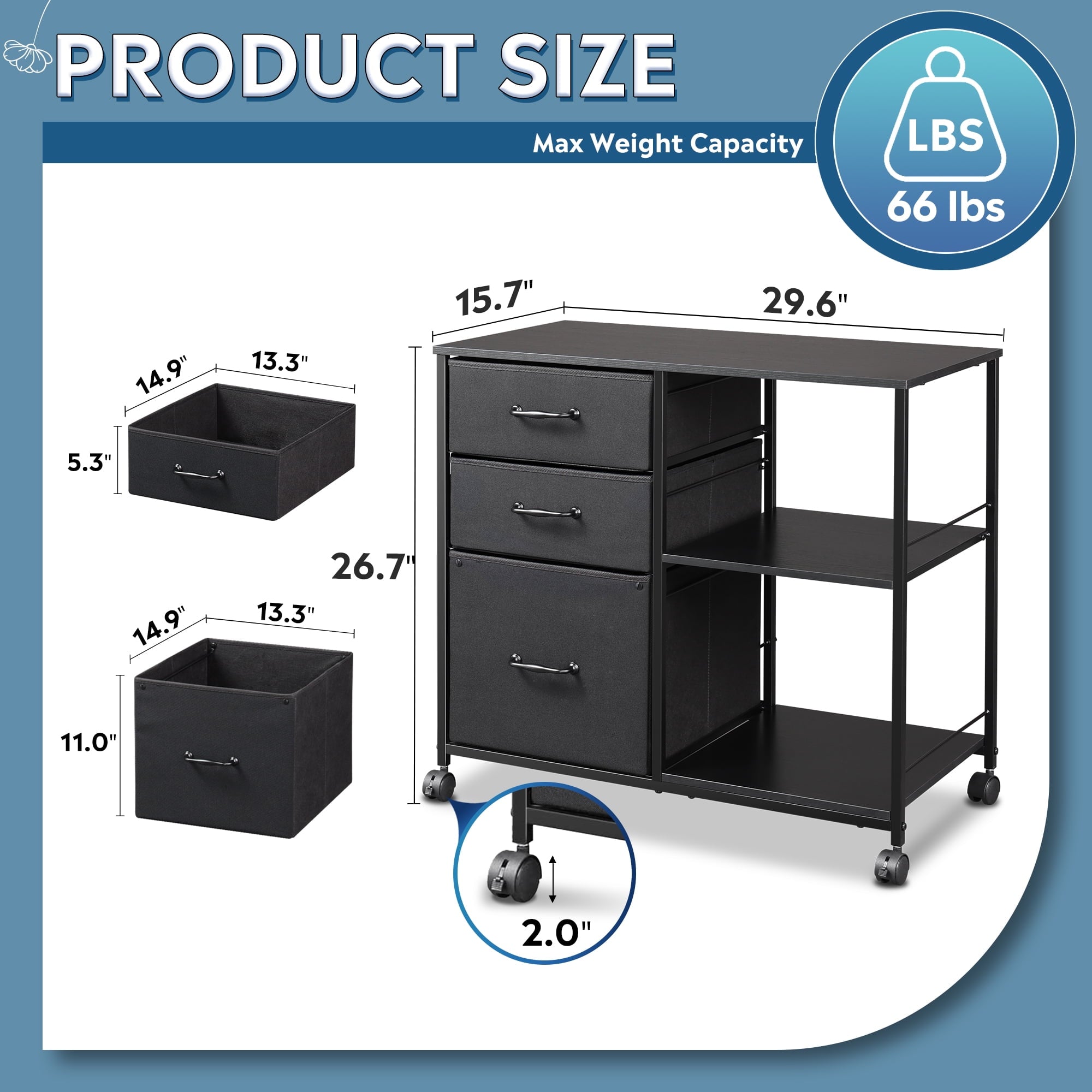 GALAXHERO 3-Drawer Mobile File Cabinet with Storage Shelf, Rolling Fabric Filing Cabinet and Printer Stand