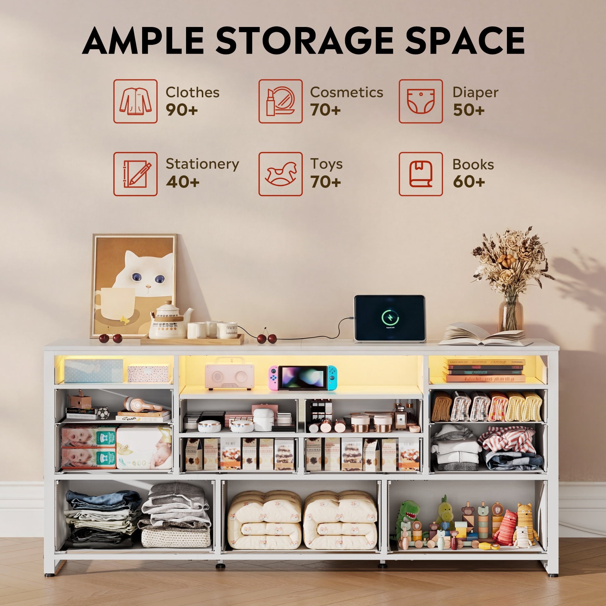 GALAXHERO 13 Drawers Dresser for Bedroom, TV Stand for 65'' TV with LED Lights, Entertainment Center with Charging Station, Fabric Chest of Drawers for Living Room, Entryway