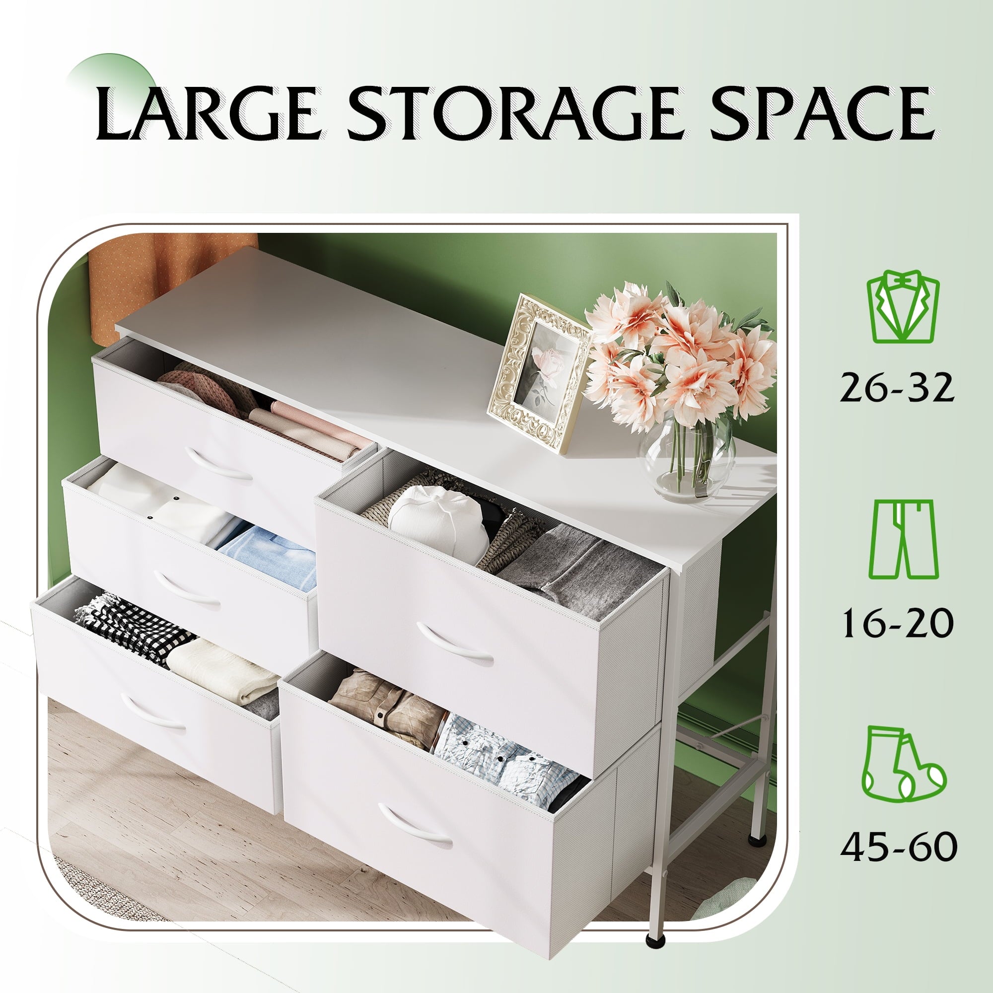 GALAXHERO 5 Drawer Dresser for Bedroom, Wide Chest of Drawers Nightstand Storage Organizers with Wood Top for Living Room, Hallway