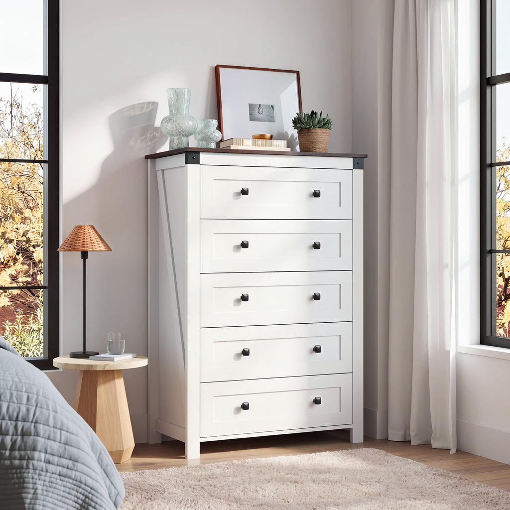 GALAXHERO Farmhouse 5 Drawer Dresser,Tall Dresser with Double Rustic Handles, Wood Chest of Drawers for Bedroom, Living Room, Hallway