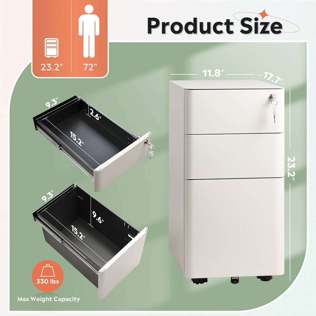 GALAXHERO 3 Drawer Metal File Cabinet with Lock, Vertical Rolling Filing Cabinet for Home Office, Fits A4/Letter/Legal