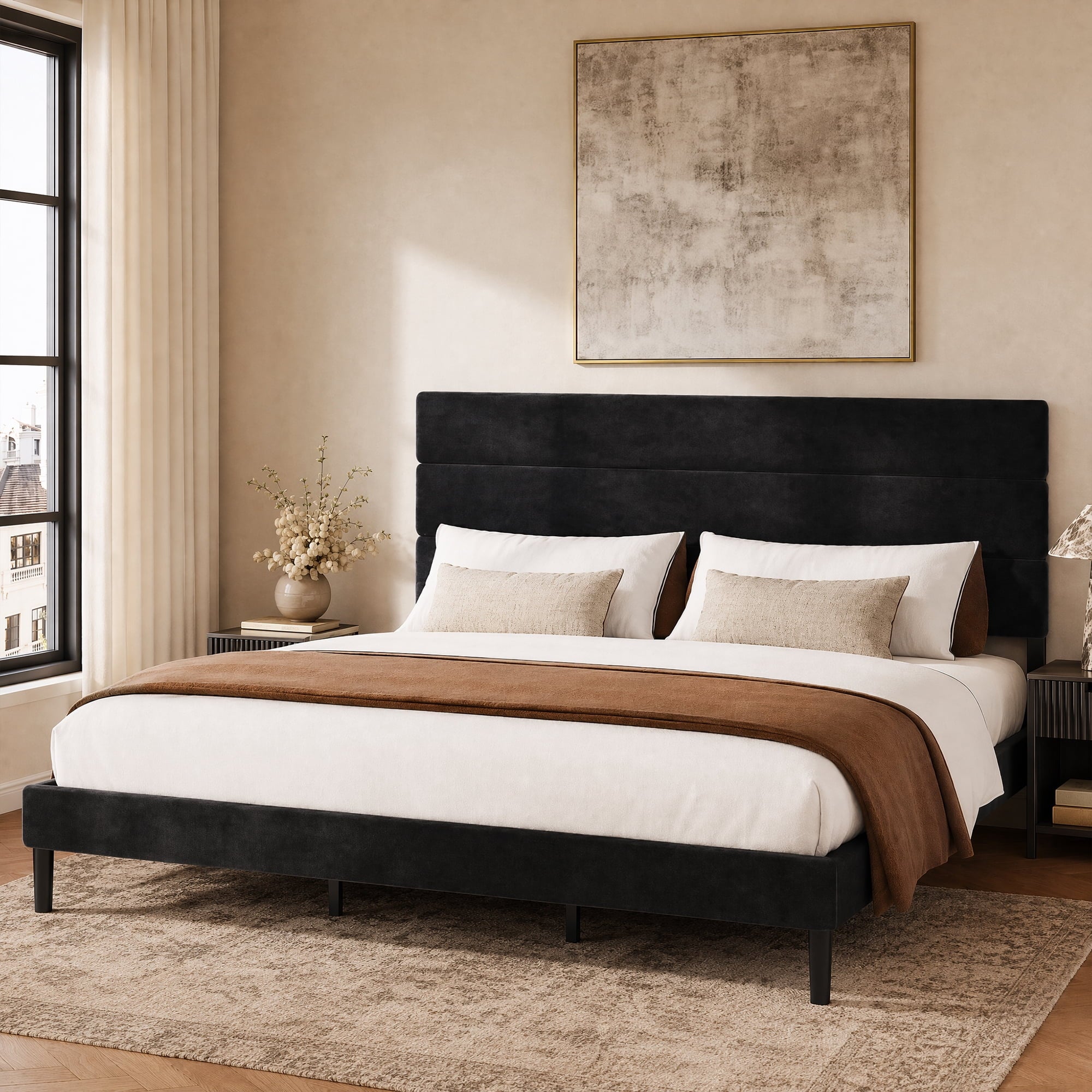 GALAXHERO Upholstered Bed Frame, King Size Bed Frame with Headboard, Platform Bed with Wood Slats, 1500LBS Mattress Foundation, No Box Spring Needed, Easy Assembly, Velvet