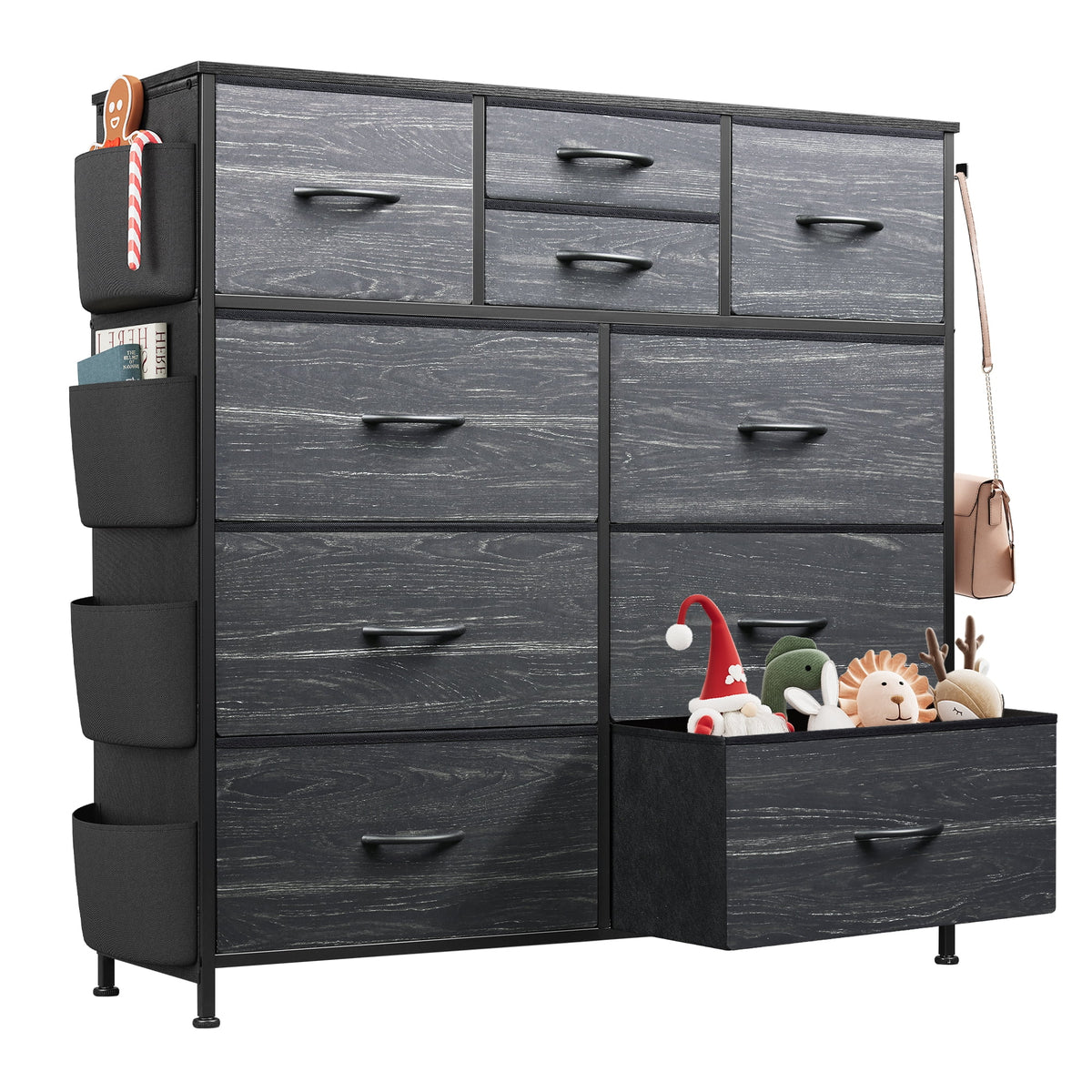 GALAXHERO 10-Drawer Fabric Dresser, Sturdy Metal Frame Organizer Unit with Side Pockets and Hooks for Bedroom, Living Room, Hallway