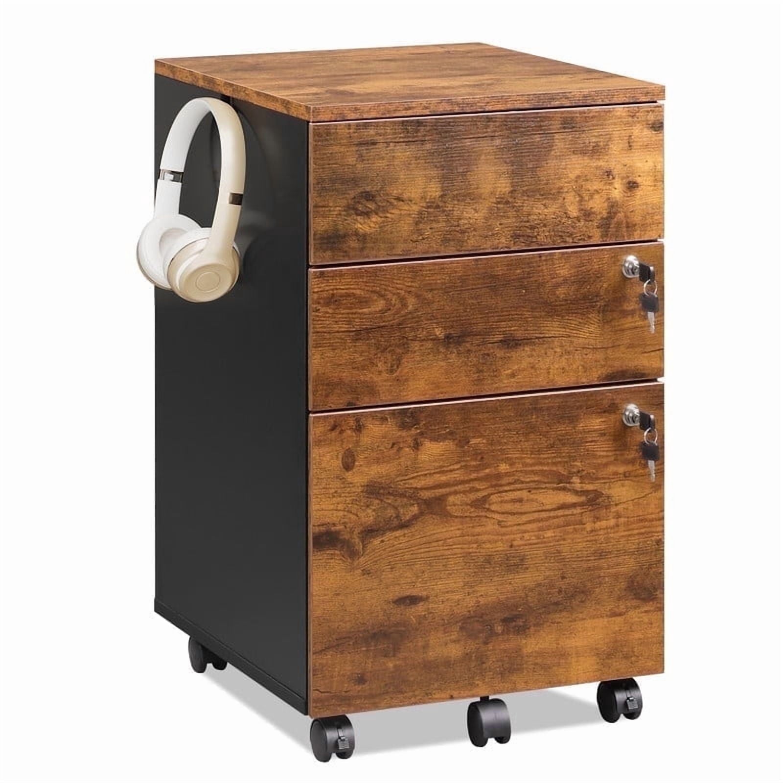 GALAXHERO 3 Drawers Storage Cabinet with Lock, Rolling Wood File Cabinet, Vertical Filing Cabinet for Home Office, Fits Letter/A4