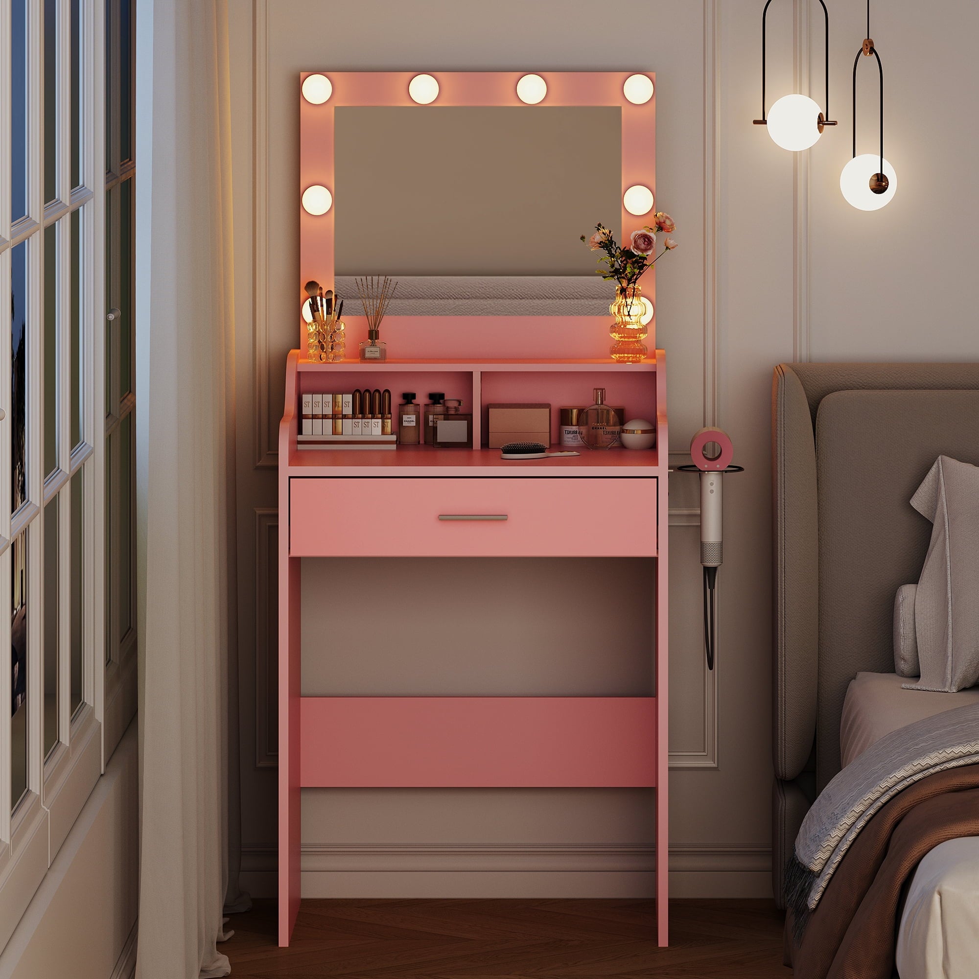 GALAXHERO Small Vanity Desk with Mirror, Makeup Tables with Drawer and Storage Shelves, Girls Dressing Table for Bedroom