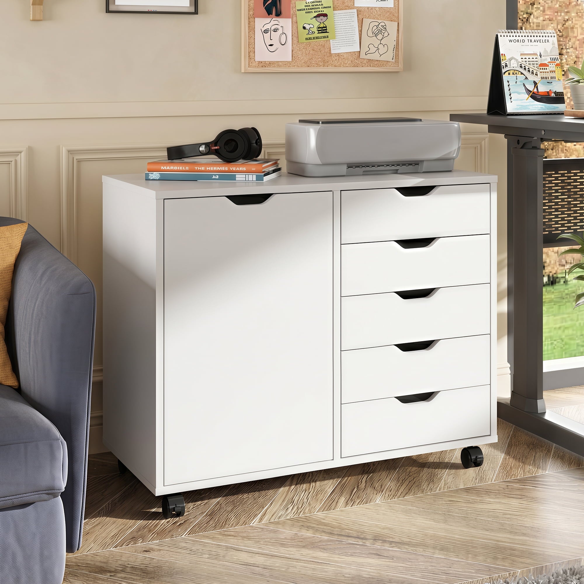 GALAXHERO 5-Drawer Storage Cabinet, Mobile Printer Stand Filing Cabinet for Home Office Cabinet, Wood File Cabinet