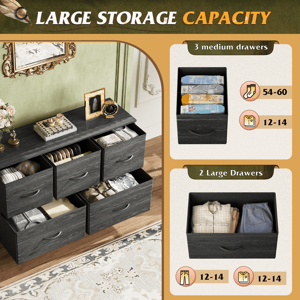 GALAXHERO 5 Drawer Dresser, Fabric Storage Tower for Bedroom, Hallway, Entryway & Closets, Sturdy Steel Frame with Wood Top, Easy Pull Handle