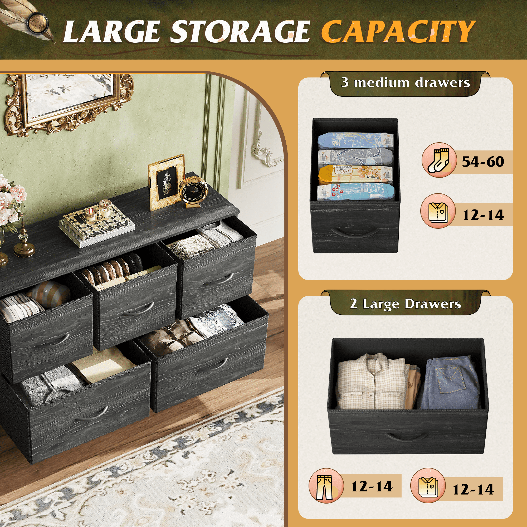 GALAXHERO 5 Drawer Dresser, Fabric Storage Tower for Bedroom, Hallway, Entryway & Closets, Sturdy Steel Frame with Wood Top, Easy Pull Handle
