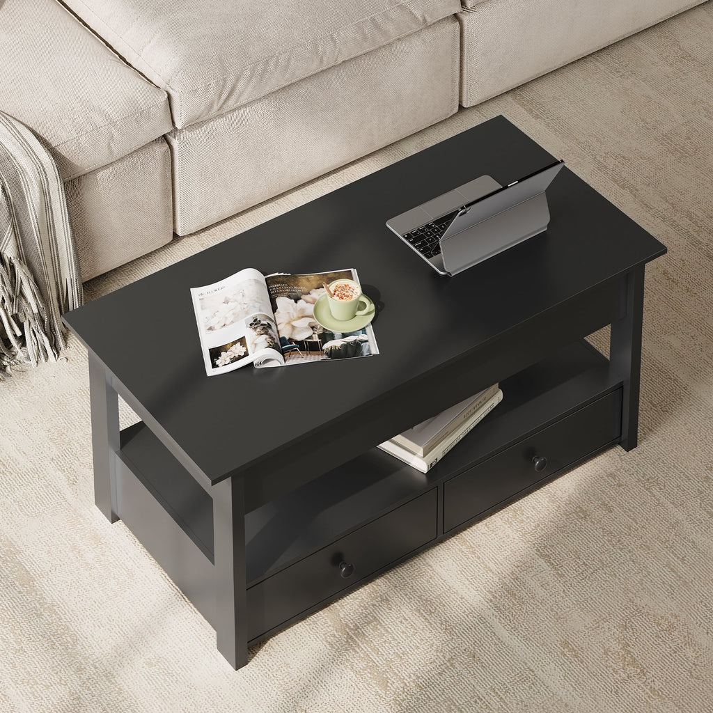 GALAXHERO Lift Top Coffee Table for Living Room Table with 2 Drawers & LED Light & Large Storage and Open Shelf
