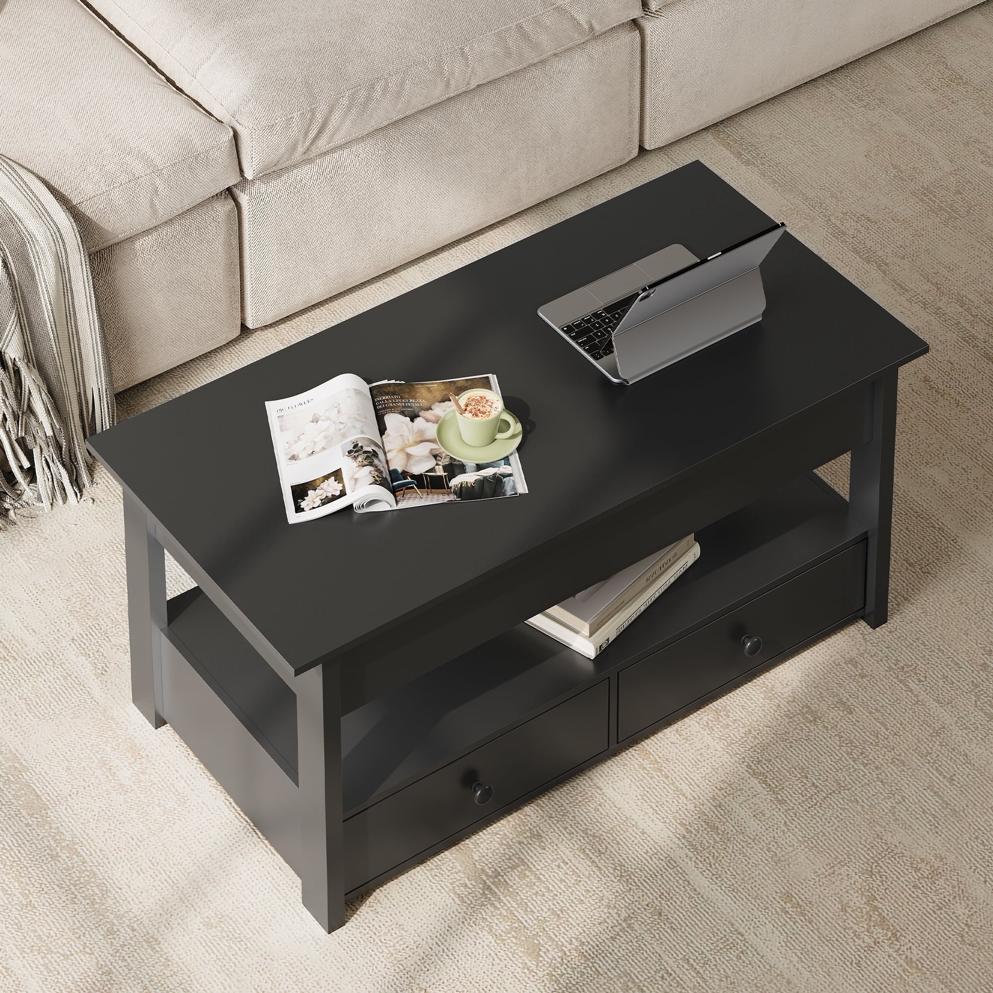 GALAXHERO Lift Top Coffee Table for Living Room Table with 2 Drawers & LED Light & Large Storage and Open Shelf