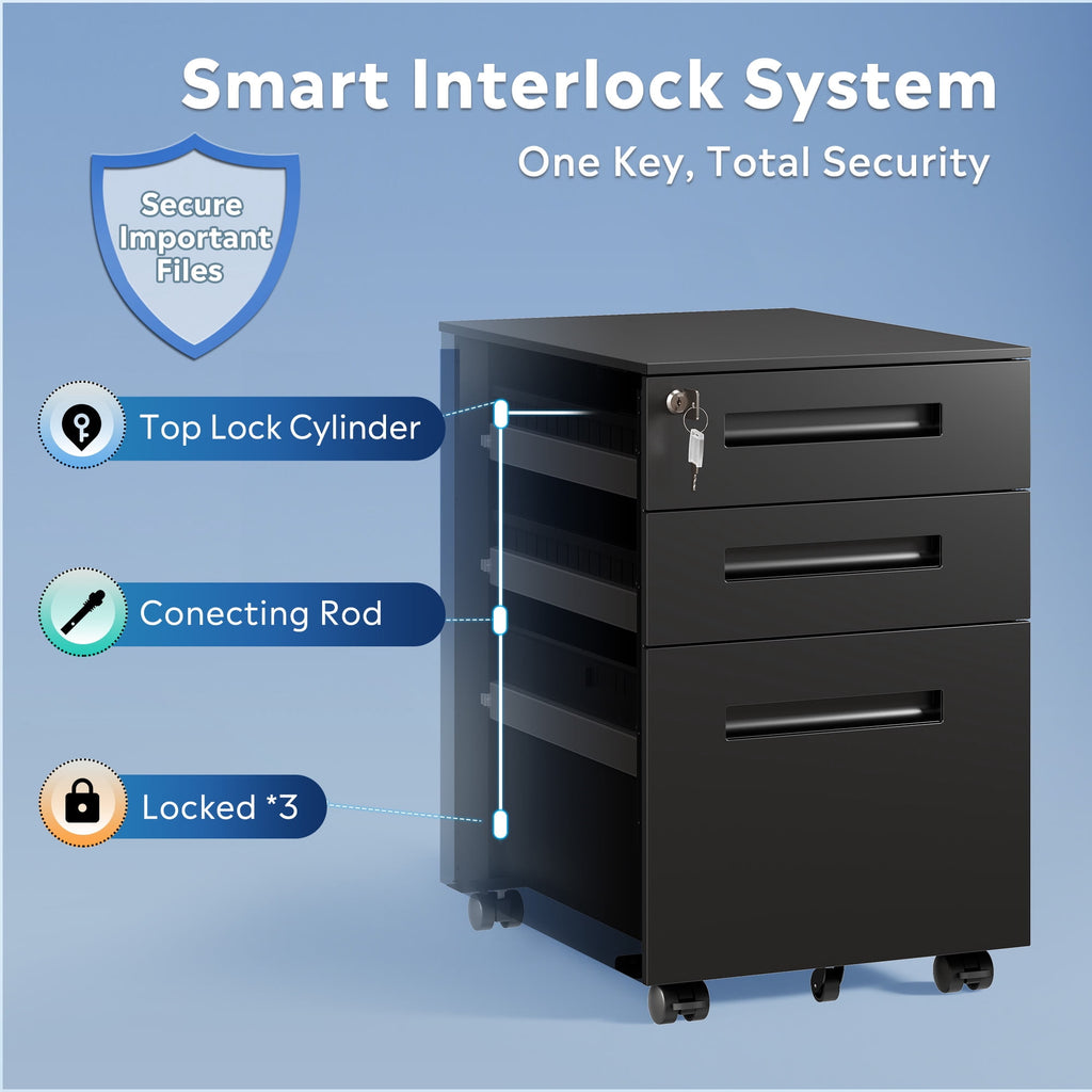 GALAXHERO Small 3-Drawer Mobile Metal File Cabinet (Assembled Except Casters), Under Desk Storage Cabinet with Lock and Key, Fits Letter/Legal/A4 Sizes