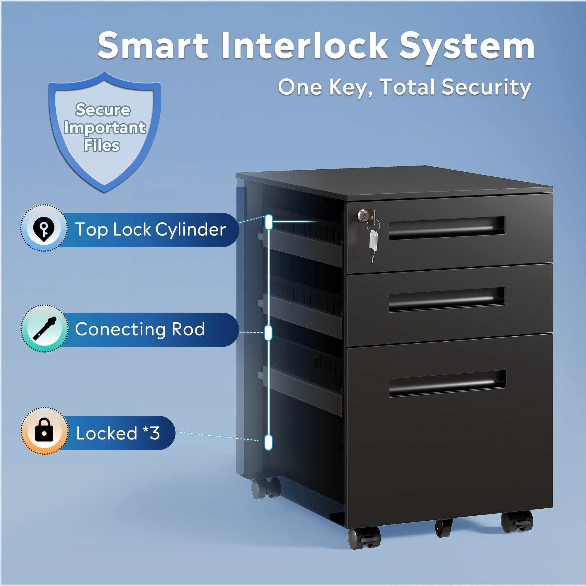 GALAXHERO Small 3-Drawer Mobile Metal File Cabinet (Assembled Except Casters), Under Desk Storage Cabinet with Lock and Key, Fits Letter/Legal/A4 Sizes