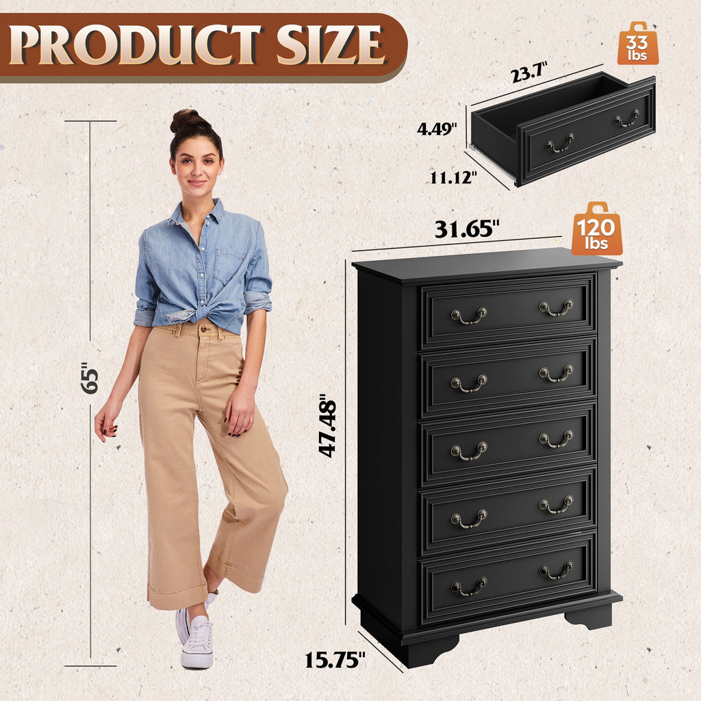 GALAXHERO Farmhouse 5 Drawers Dresser for Bedroom, Tall Wood Dresser with Roman Metal Handle, Chest of Drawers for Living Room, Hallway, Closet