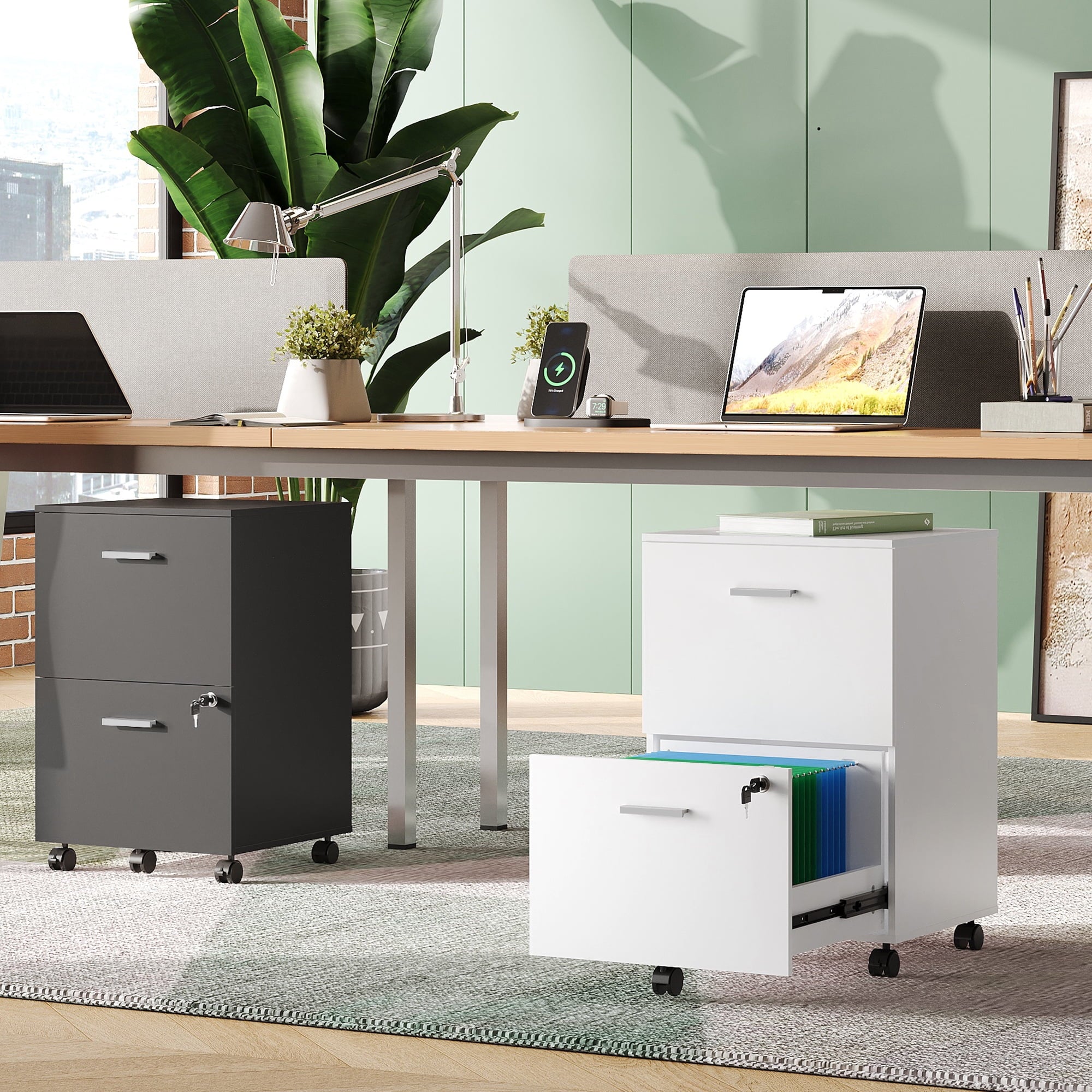 GALAXHERO 2 Drawer File Cabinet with Lock, Wood Printer Stand for Home Office, Mobile Storage Organizer Fit Letter/A4 Size, White