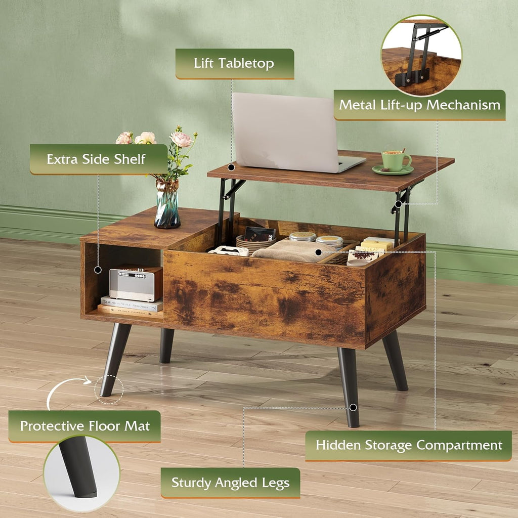 GALAXHERO 31.5" Coffee Table for Living Room Small Coffee Table with Shelf & Hidden Compartment Lift Top Modern Wooden Dining Center Table with Storage