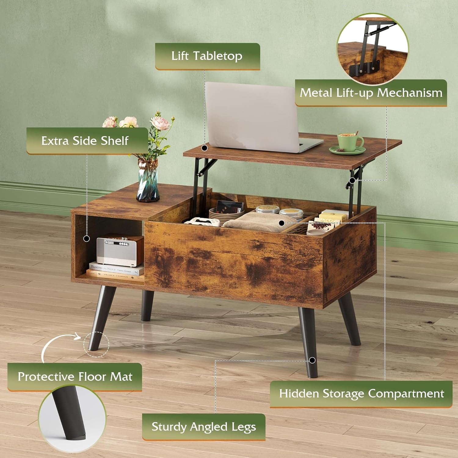 GALAXHERO 31.5" Coffee Table for Living Room Small Coffee Table with Shelf & Hidden Compartment Lift Top Modern Wooden Dining Center Table with Storage