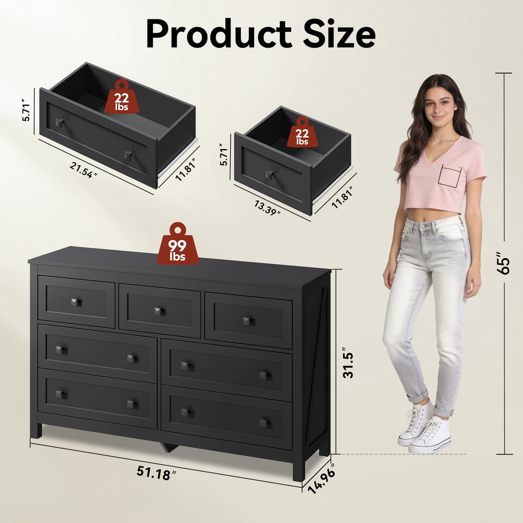 GALAXHERO Farmhouse Dresser for Bedroom, 51.18'' Wide 7 Drawer Wood Dresser, TV Stand for 65 inch TV, Wooden Chest of Drawers for Bedroom, Modern Clothes Organizer for Living Room, Hallway