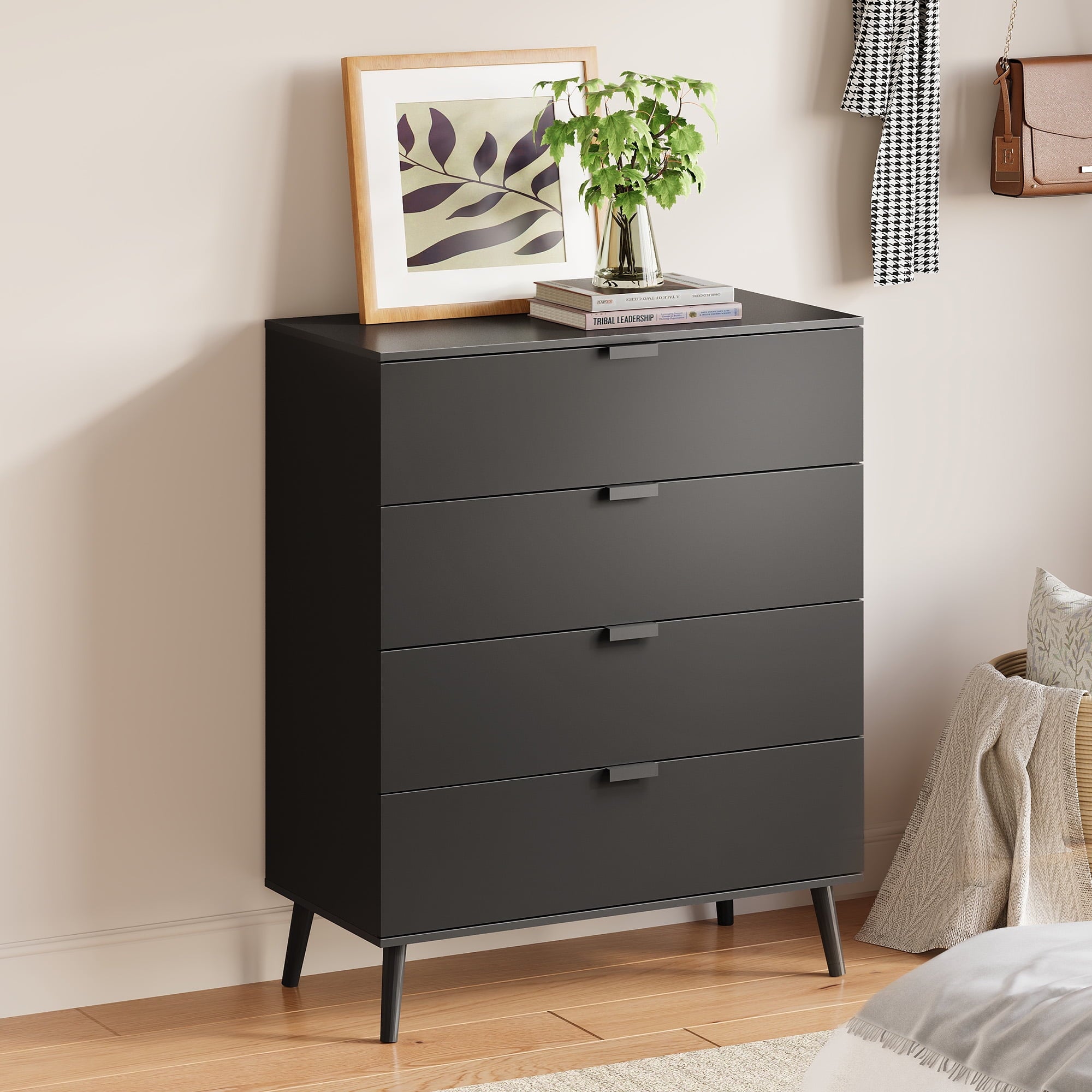 GALAXHERO 4 Drawer Dresser for Bedroom, Wood Chest of Drawers, Organizer Unit with Metal Handle for Living Room, Closet, Hallway