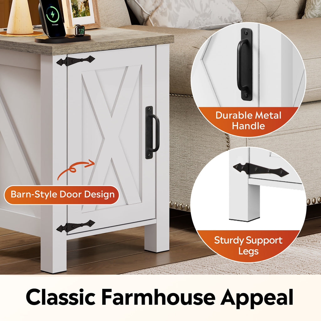 GALAXHERO Nightstand with Charging Station, Farmhouse Narrow Side Table with Barn Door, Wooden Bedside Table for Bedroom, End Tables for Living Room
