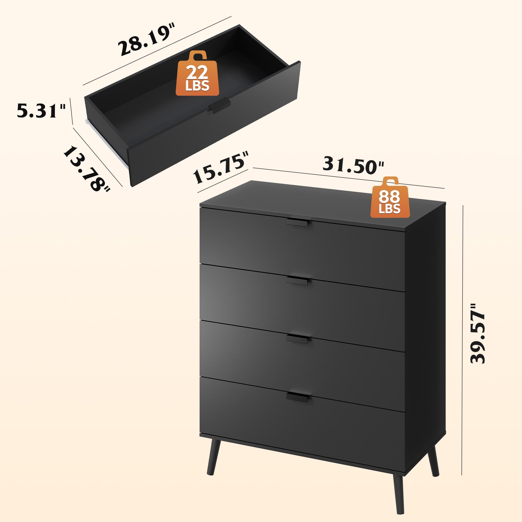 GALAXHERO 4 Drawer Dresser for Bedroom, Wood Chest of Drawers, Organizer Unit with Metal Handle for Living Room, Closet, Hallway