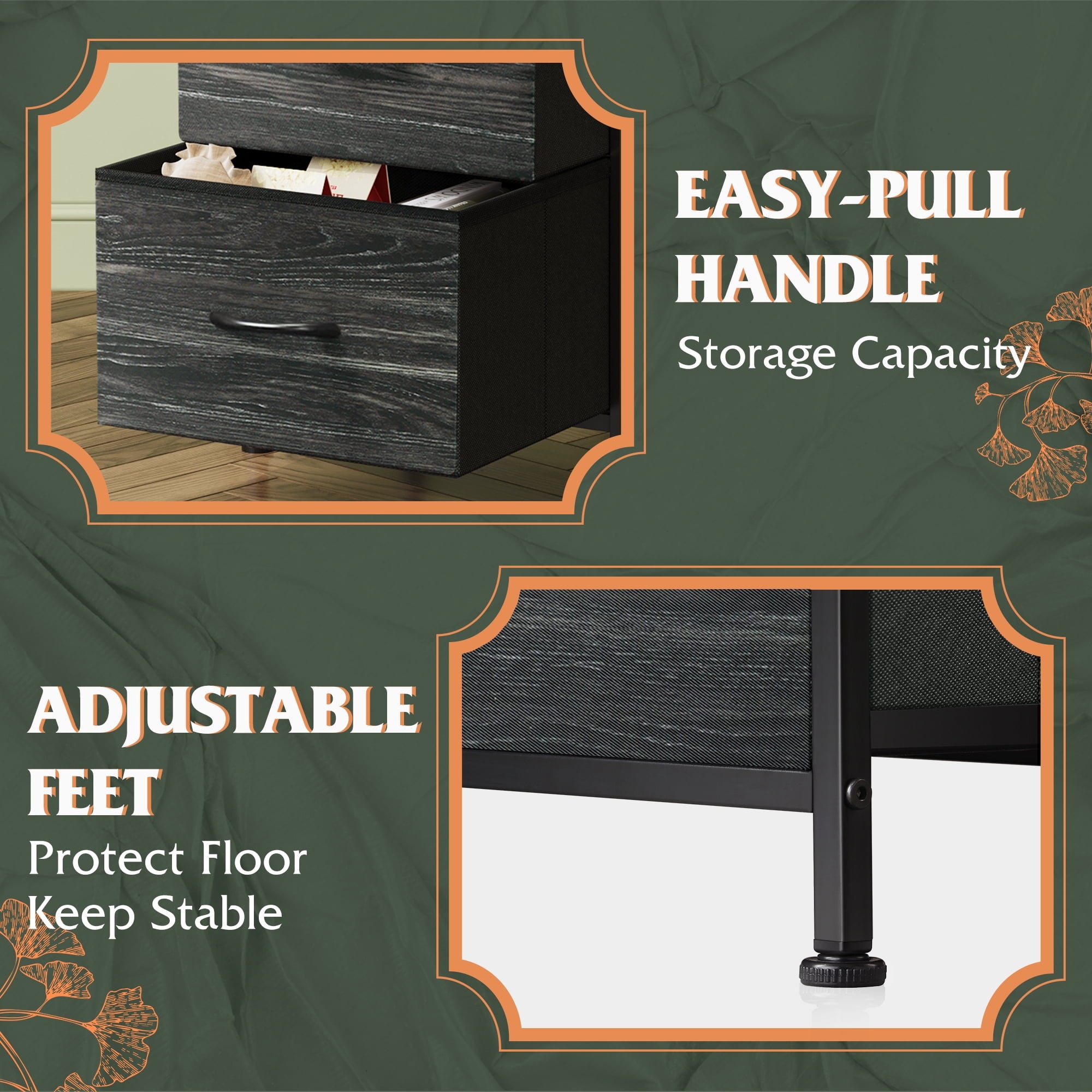 GALAXHERO 3 Drawer Nightstand, Fabric Storage Dresser Sturdy Steel Frame with Wood Top