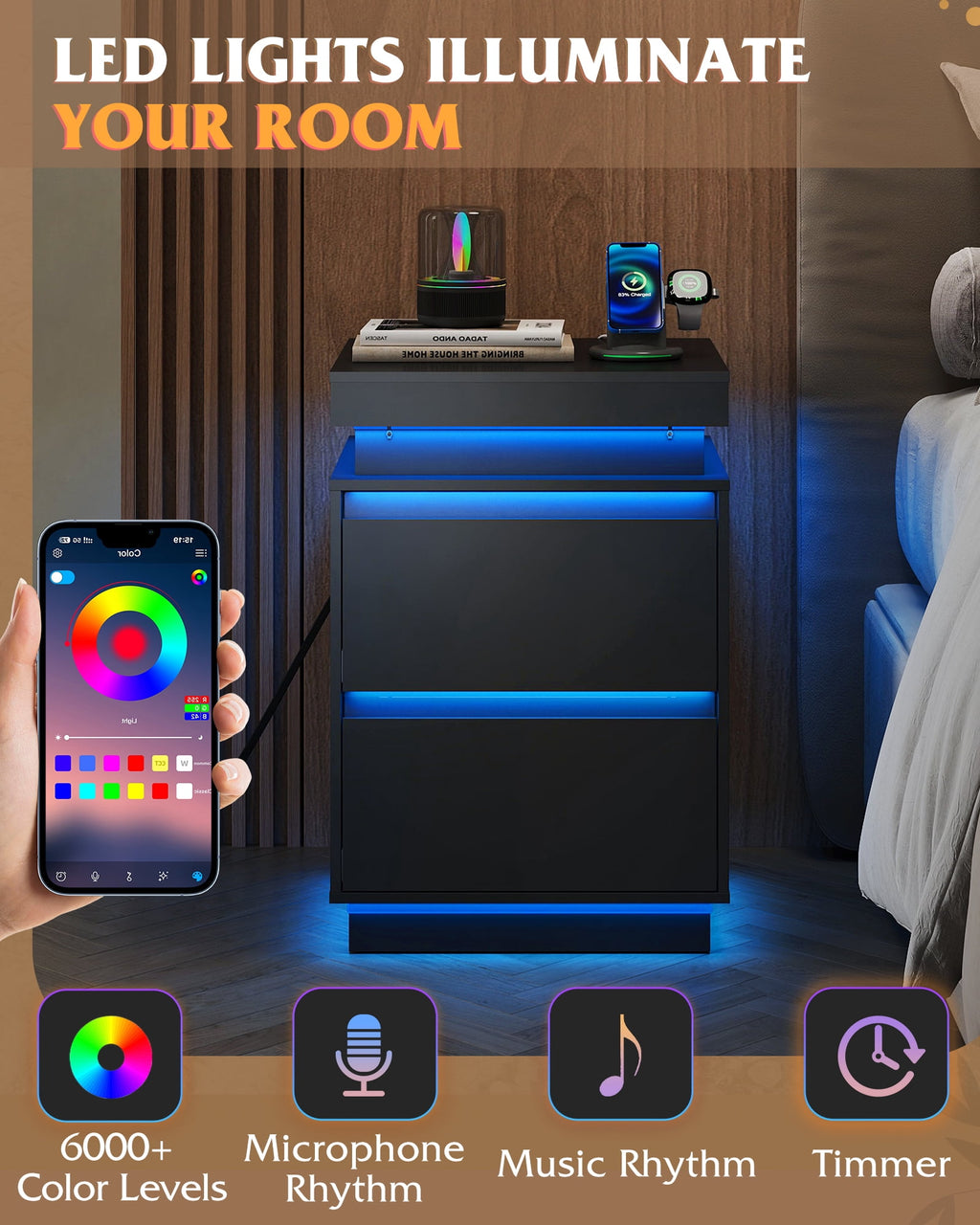 GALAXHERO Nightstand with Charging Station and LED Lights, Modern 2 Drawers Bedside Table with Sliding Top, End Side Table for Bedroom, Living Room