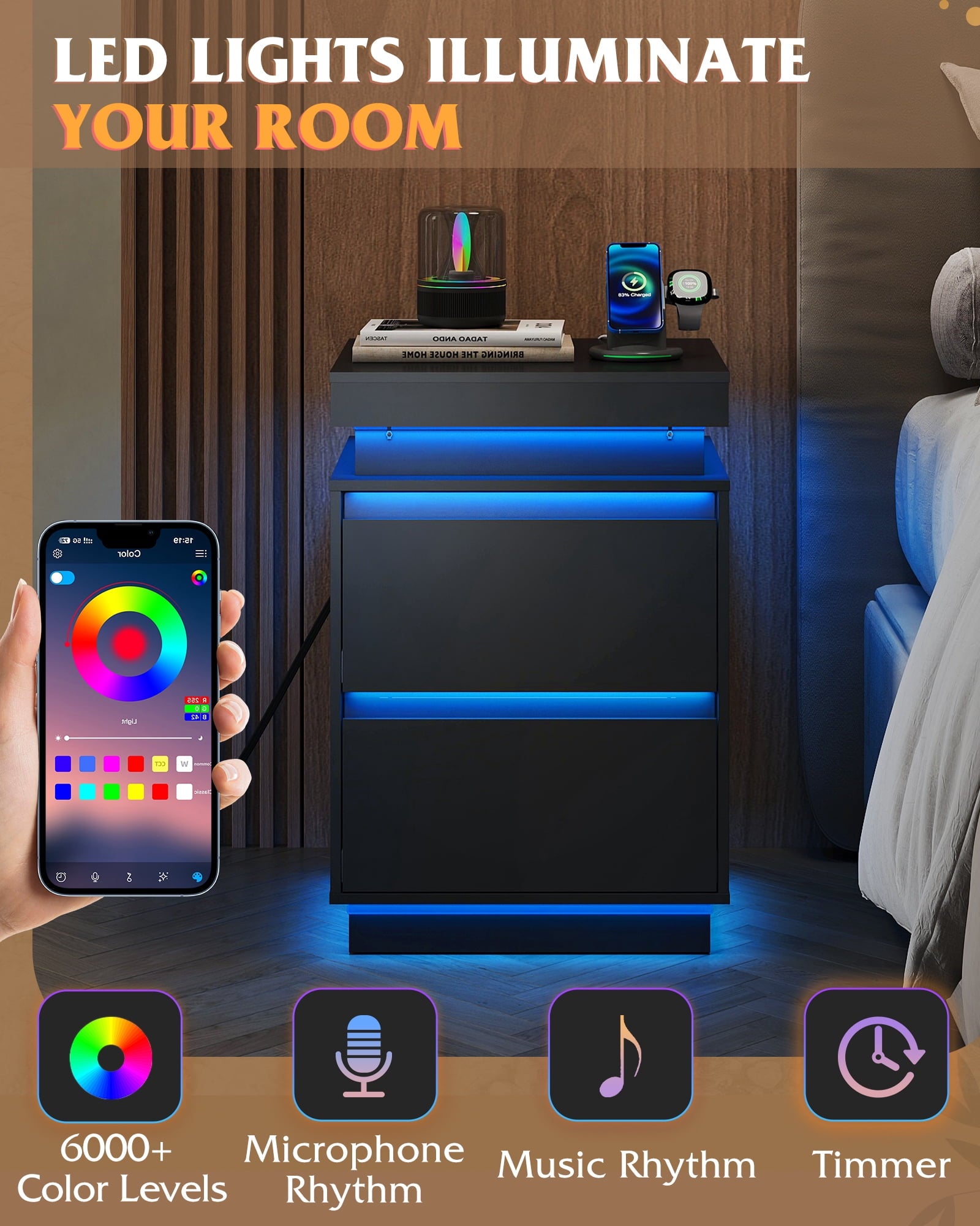 GALAXHERO Nightstand with Charging Station and LED Lights, Modern 2 Drawers Bedside Table with Sliding Top, End Side Table for Bedroom, Living Room