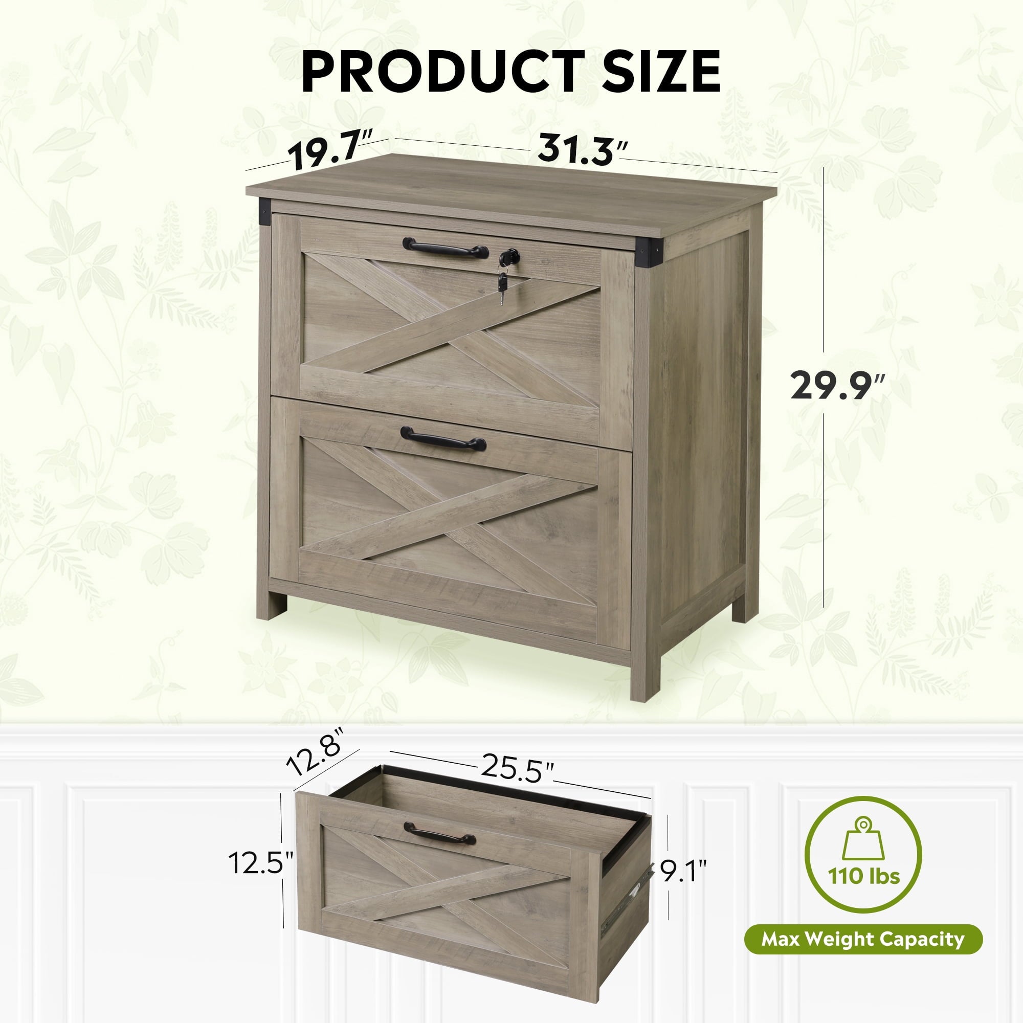 GALAXHERO 2 Drawer Lateral File Cabinet with Lock, Farmhouse Wood Filing Cabinet for Home Office, Fits Letter/Legal/A4, Printer Stand