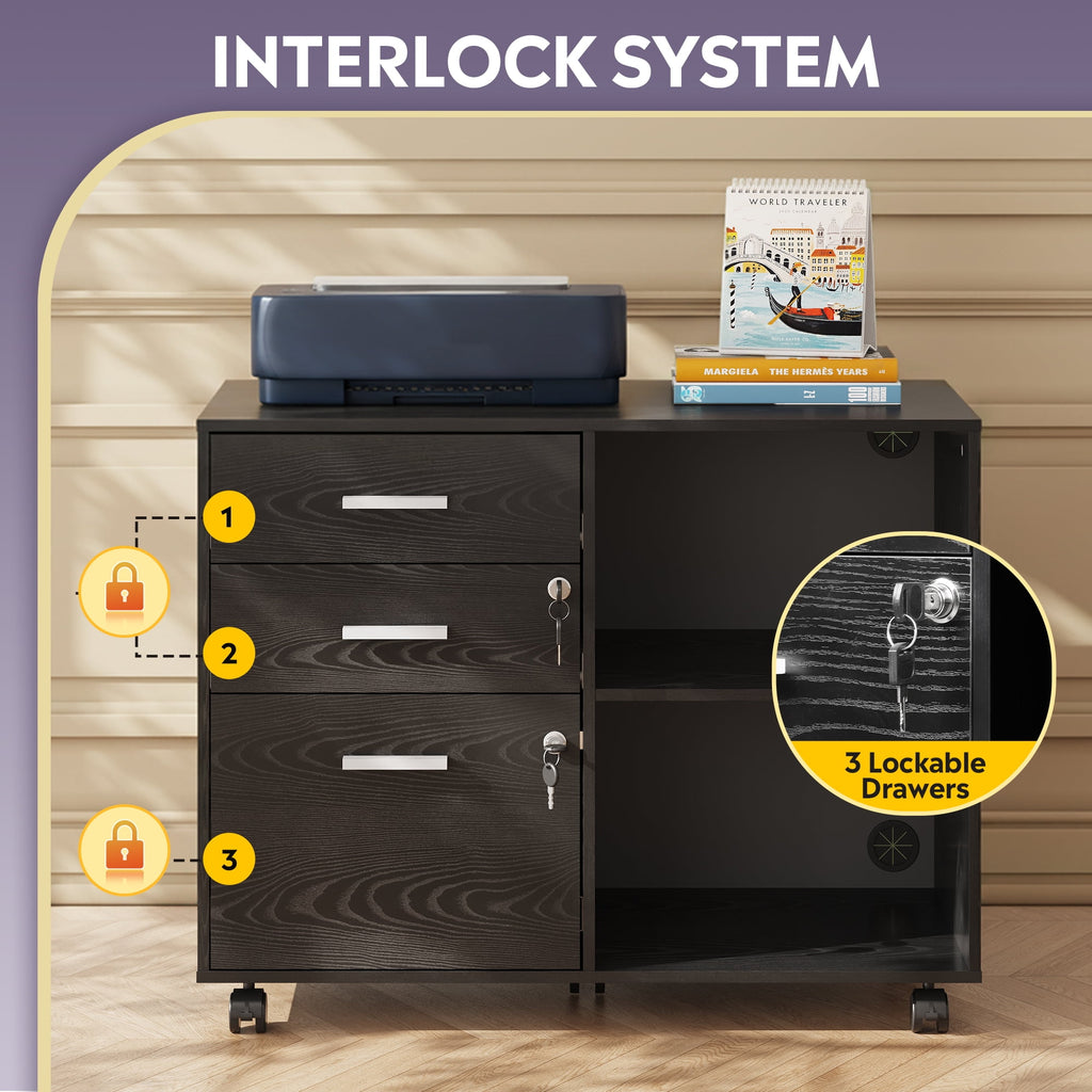 GALAXHERO 3-Drawer File Cabinet with Lock and Key, Mobile Wood Lateral Filing Cabinet & Printer Stand with Open Shelves for Home Office