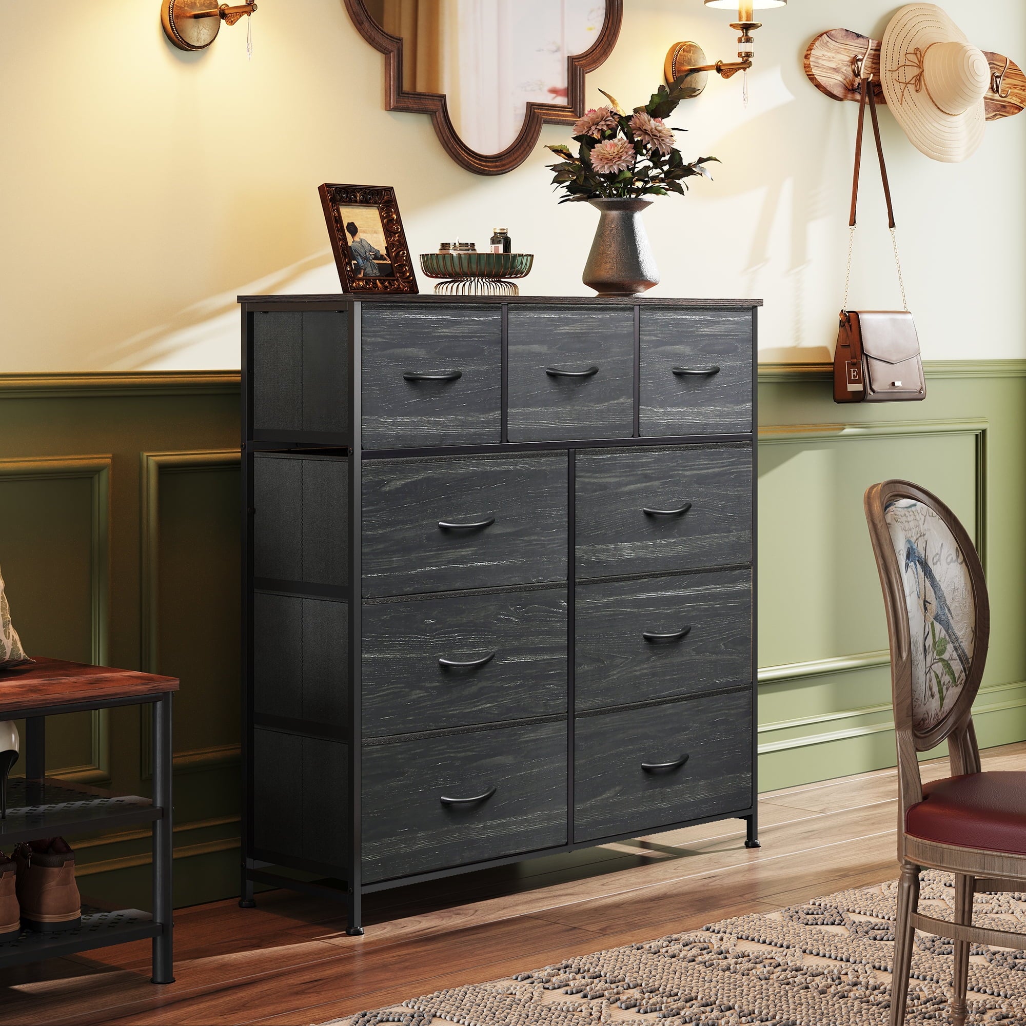 GALAXHERO 9-Drawer Fabric Dresser, Tall Storage Tower for Bedroom, Hallway, Entryway, Closet, Chest Organizer Unit with Fabric Bins, Steel Frame, Wood Top, Wood Grain Print